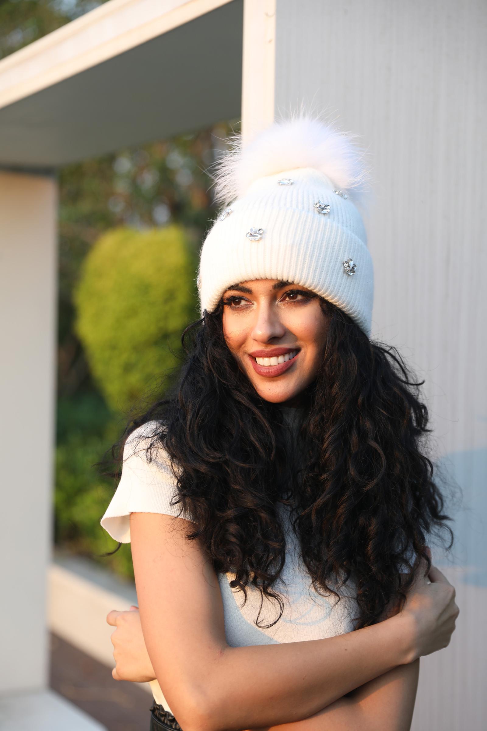 Ladies' Rabbit Fur Hat with Small Rhinestone Pompoms for Casual Wear - Janefur