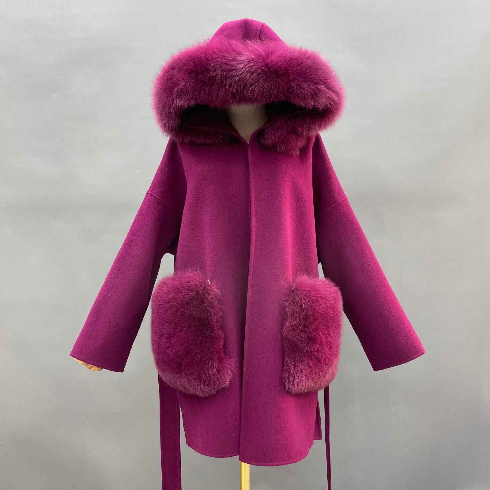 Cashmere Short Coat Women's Fashion Casual Hooded Jacket with Fur Pockets and Fur Collar Double-faced Wool Coat - Janefur
