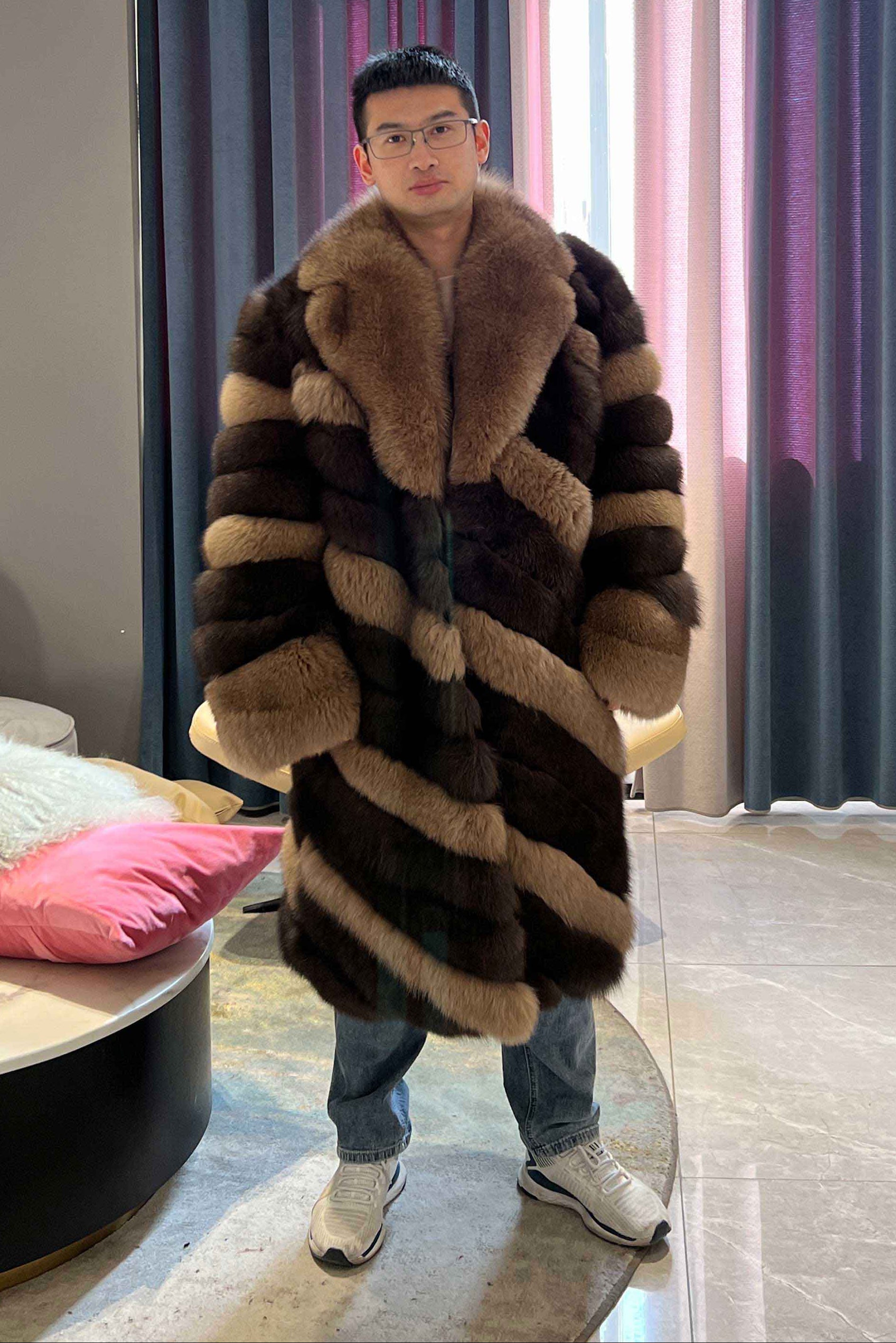 Janefur Mens Colorblock Long Fox Fur Coat Picture Color XL-chest 120cm