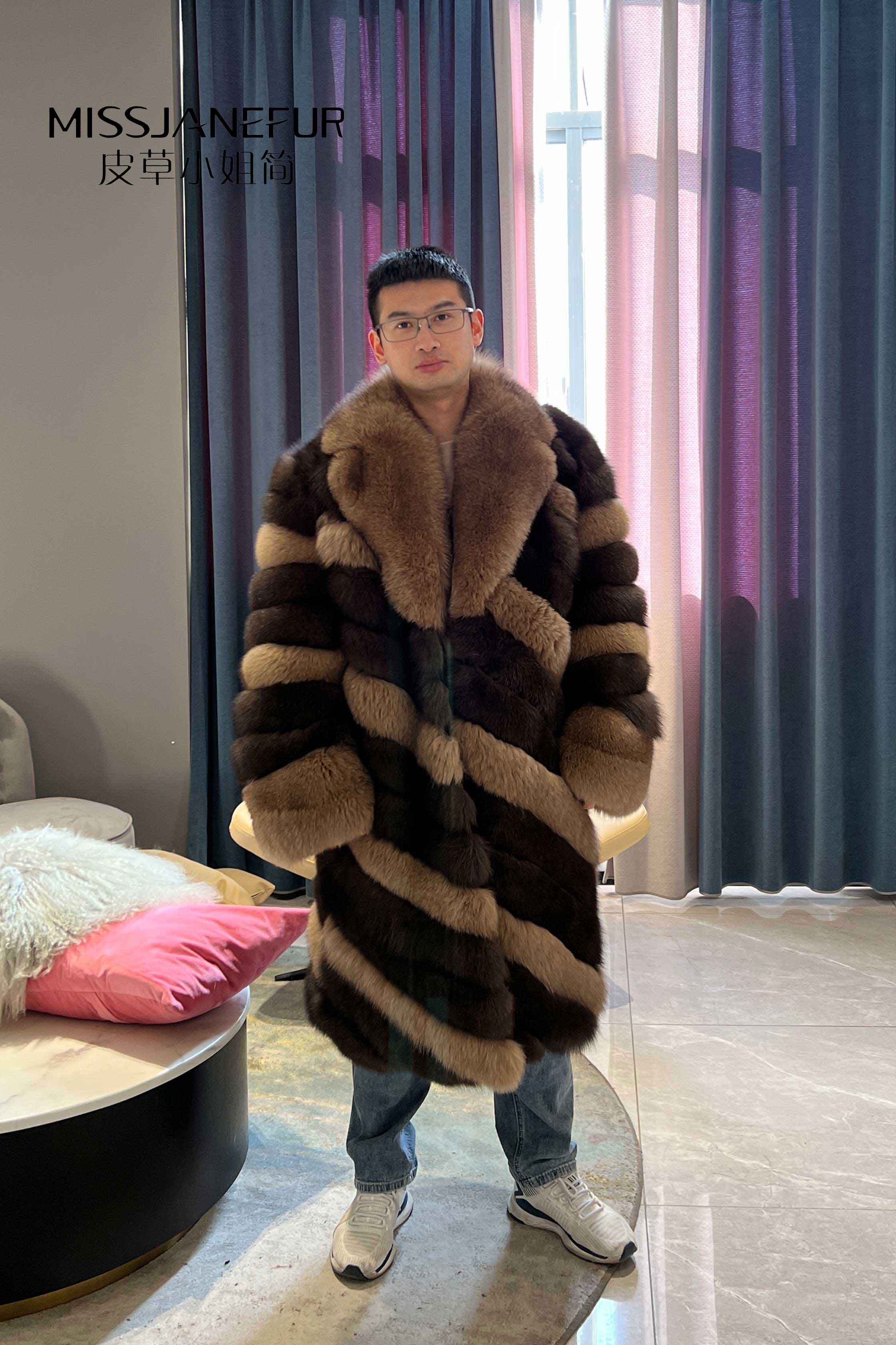 Missjanefur Mens Colorblock Long Fox Fur Coat - Janefur