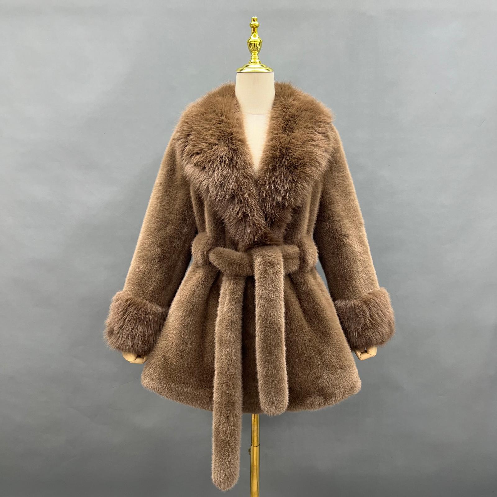 Women's New Brown Stylish Lapel Faux Fur Mink Coat - Janefur