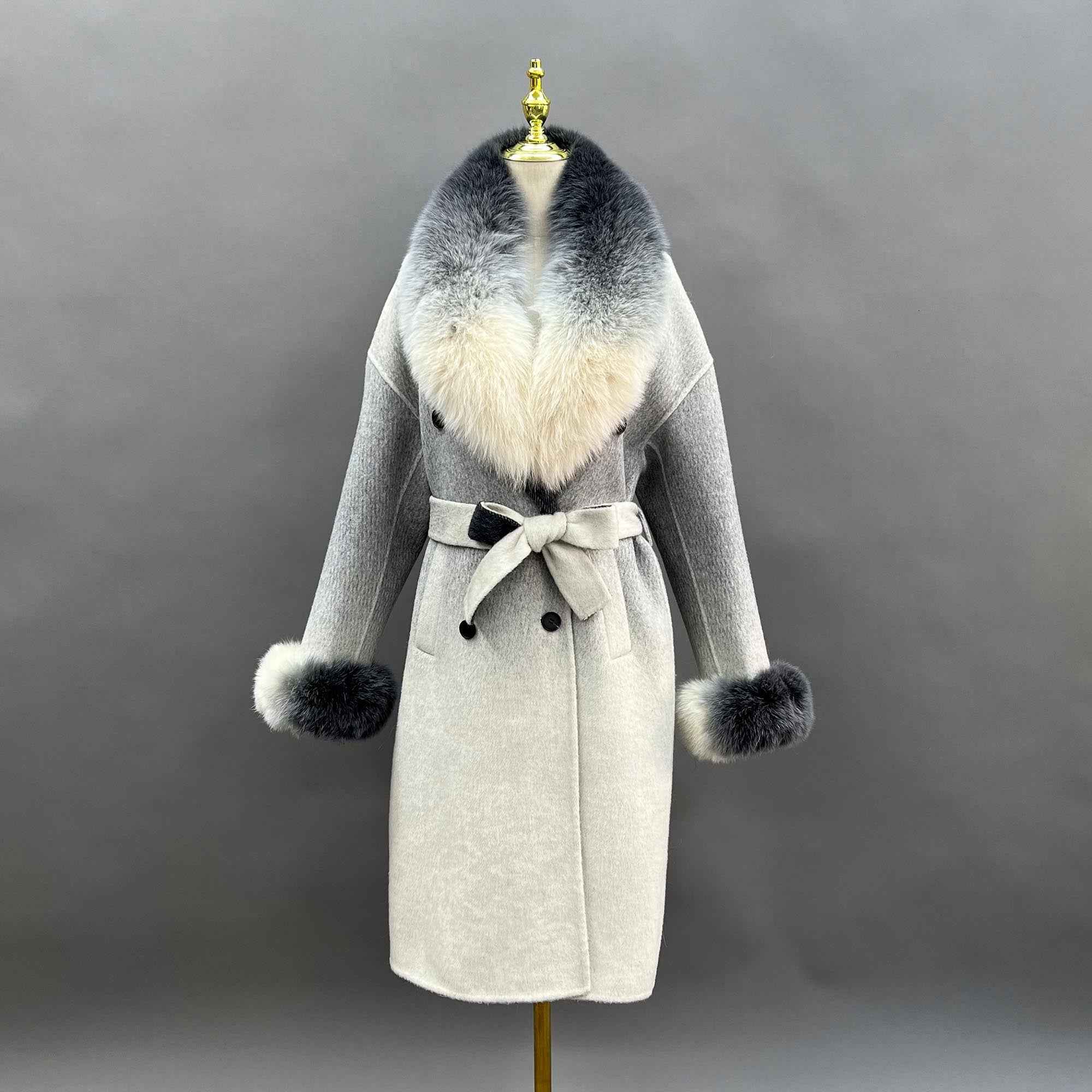 Double-faced Cashmere Coat for Women Gradient Color Suit Collar Fox Fur Collar Double-faced Wool Long Jacket - Janefur