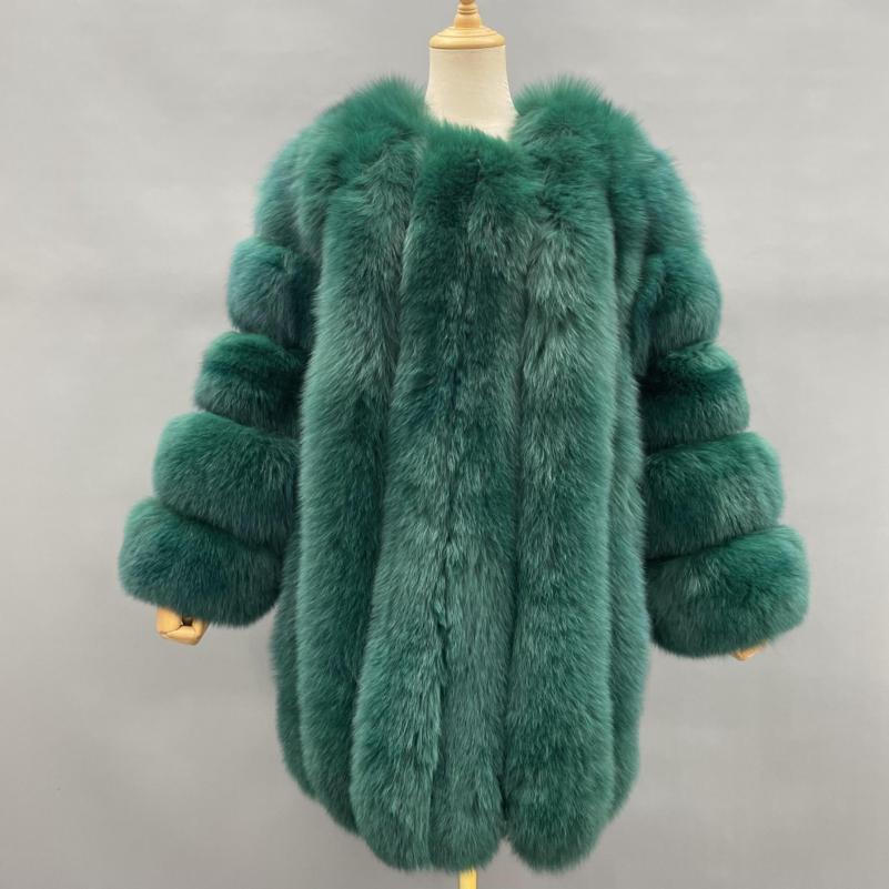 Fashion Women's Long Fox Fur Coat Vertical Stripes Solid Color - Janefur