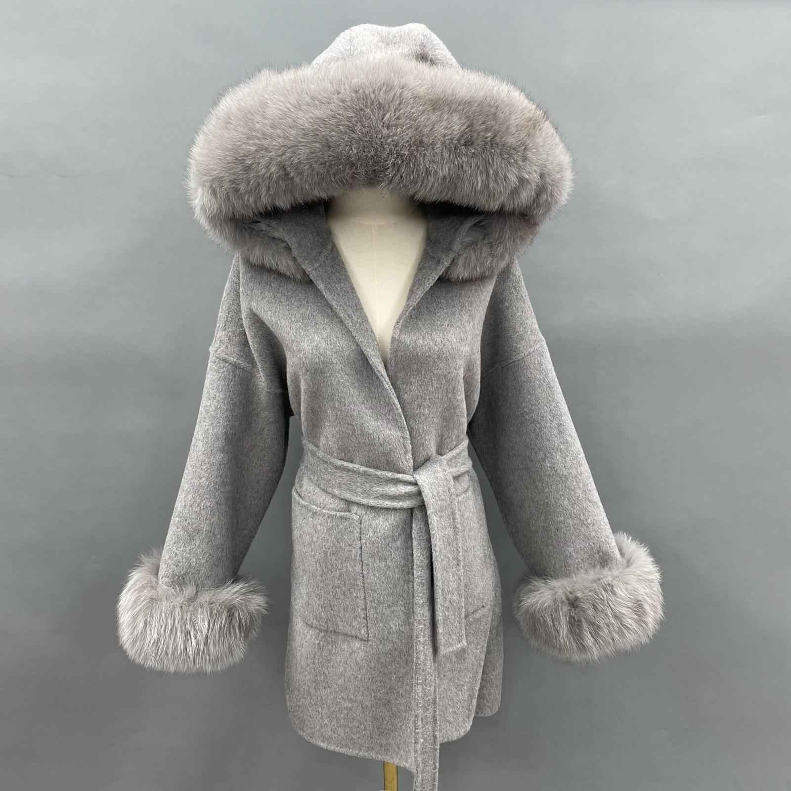 Women's Winter Warm Hooded Reversible Cashmere Short Coat Cuffs with Fur - Janefur