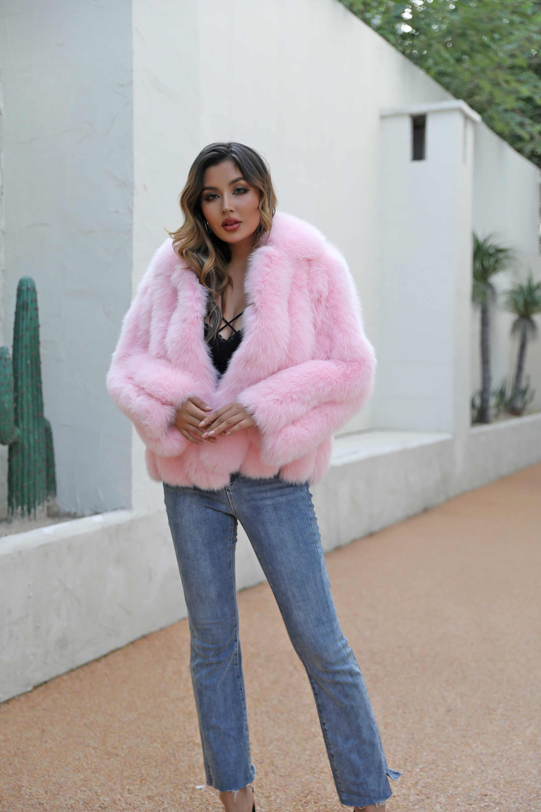 Winter Lapel Plush Vertical Stripe True Fox Fur Women's Coat - Janefur
