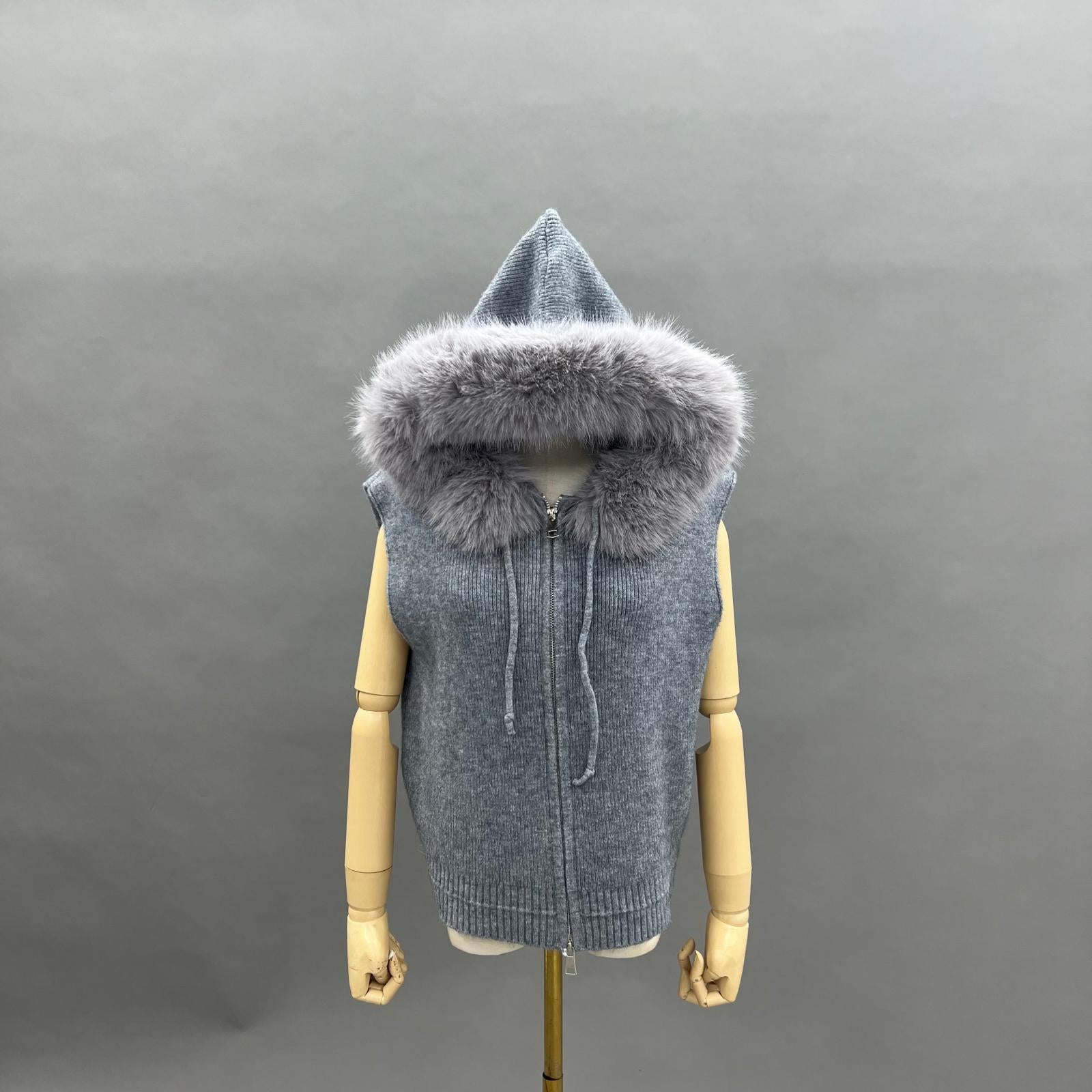 Women's Trendy Knitted Hooded Vest with Fur Collar - Janefur