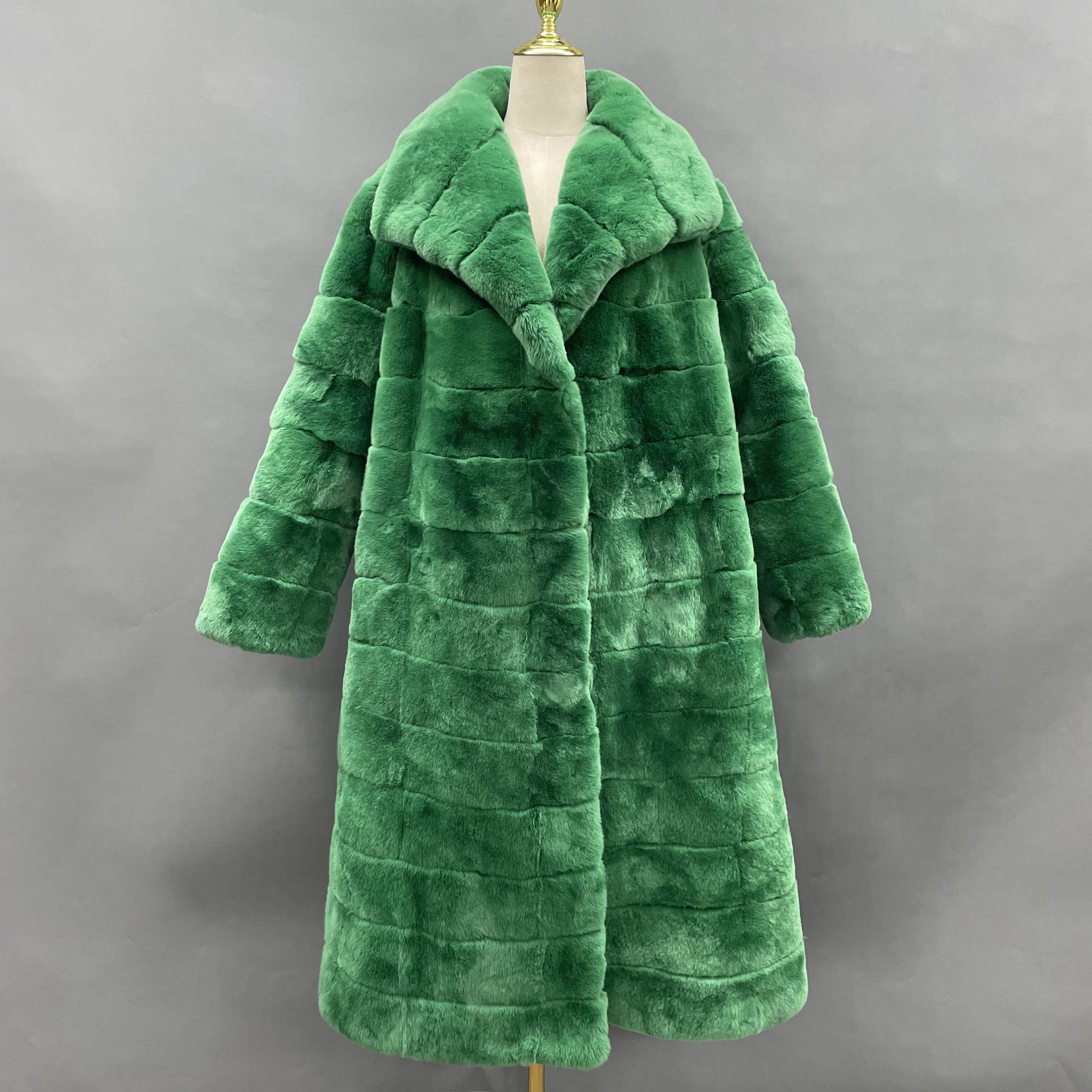Ladies Real Rabbit Fur Lapel Long Solid Color Fur Coat - Janefur