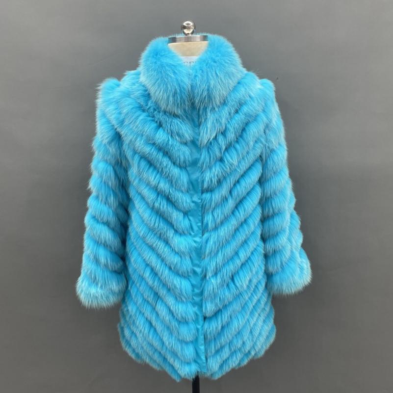 Reversible Long Jacket With Fox Fur And Diagonal Stripes - Janefur