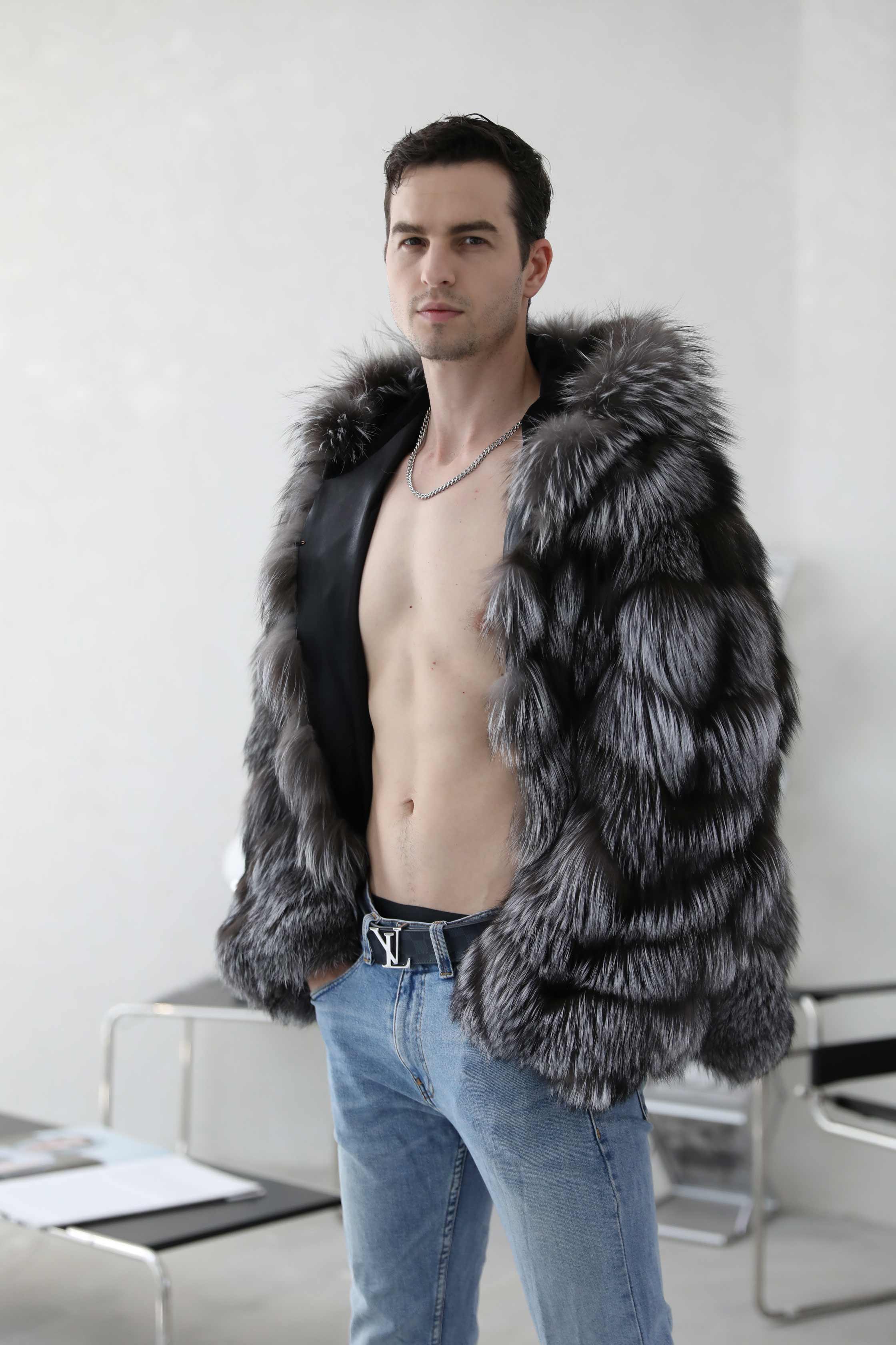 Hooded Luxury Diagonal Stripe Fox Fur Jacket Warm Men's Coat - Janefur