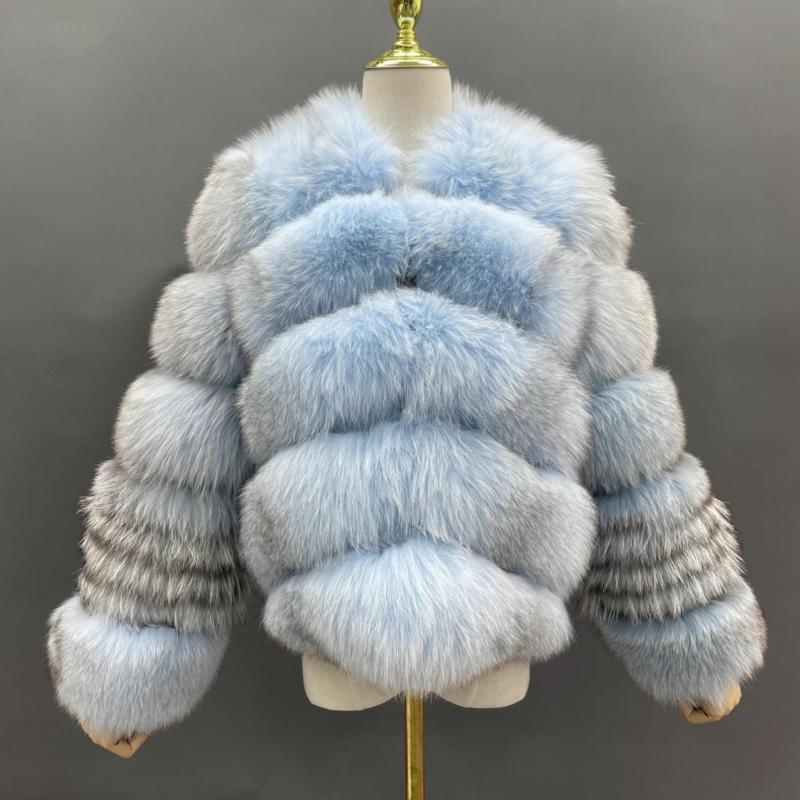Winter Fox Fur Coat Cross Fox Sleeve Gradient Real Fox Fur Coat - Janefur
