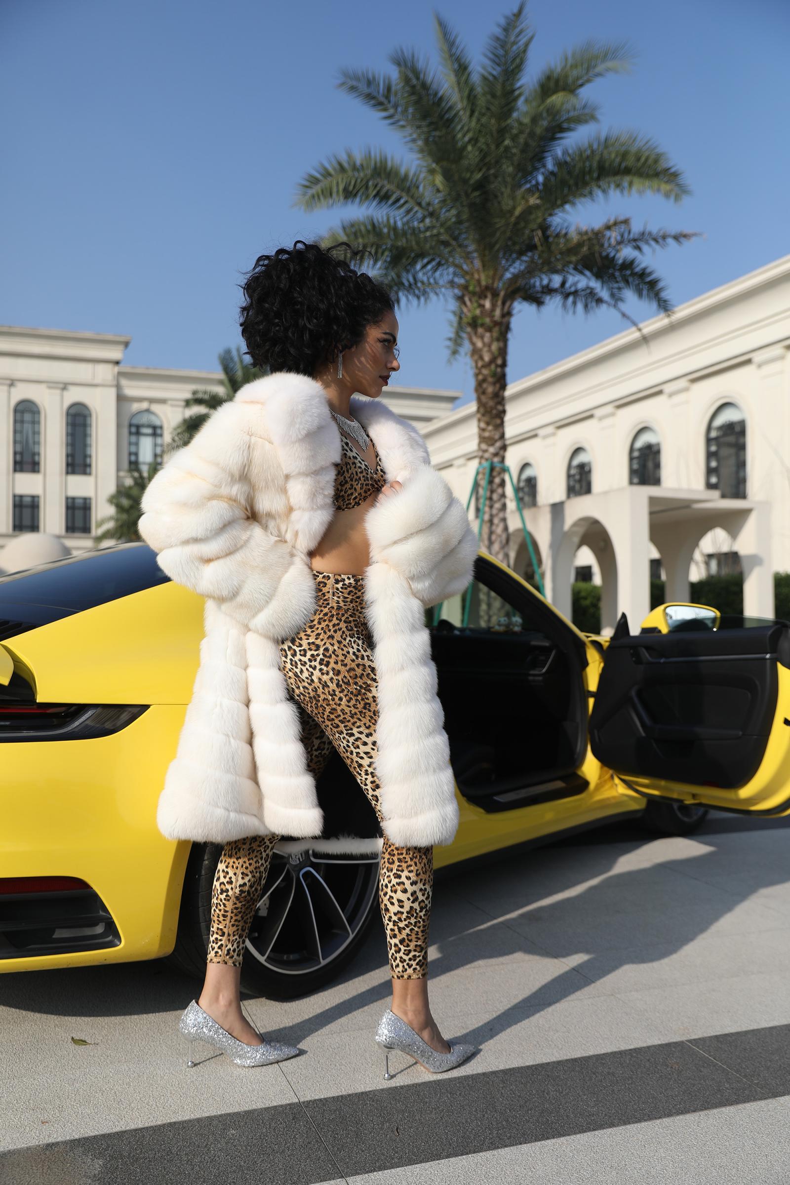 Women's Luxurious Fox Fur Lapel Striped Long Coat Fur Jacket - Janefur