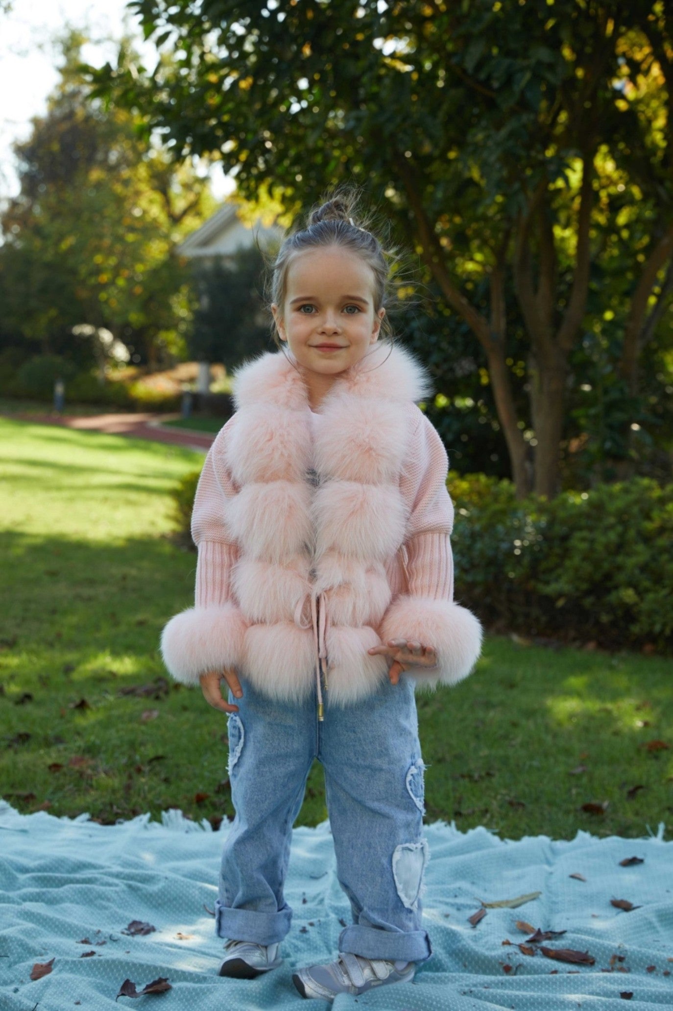 Little Girl's Pink Knitted Children's Coat With Fox Fur Trim - Janefur