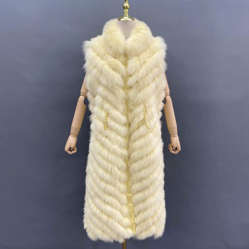 Double-Sided Fox Fur Diagonal Stripe Long Vest - Janefur