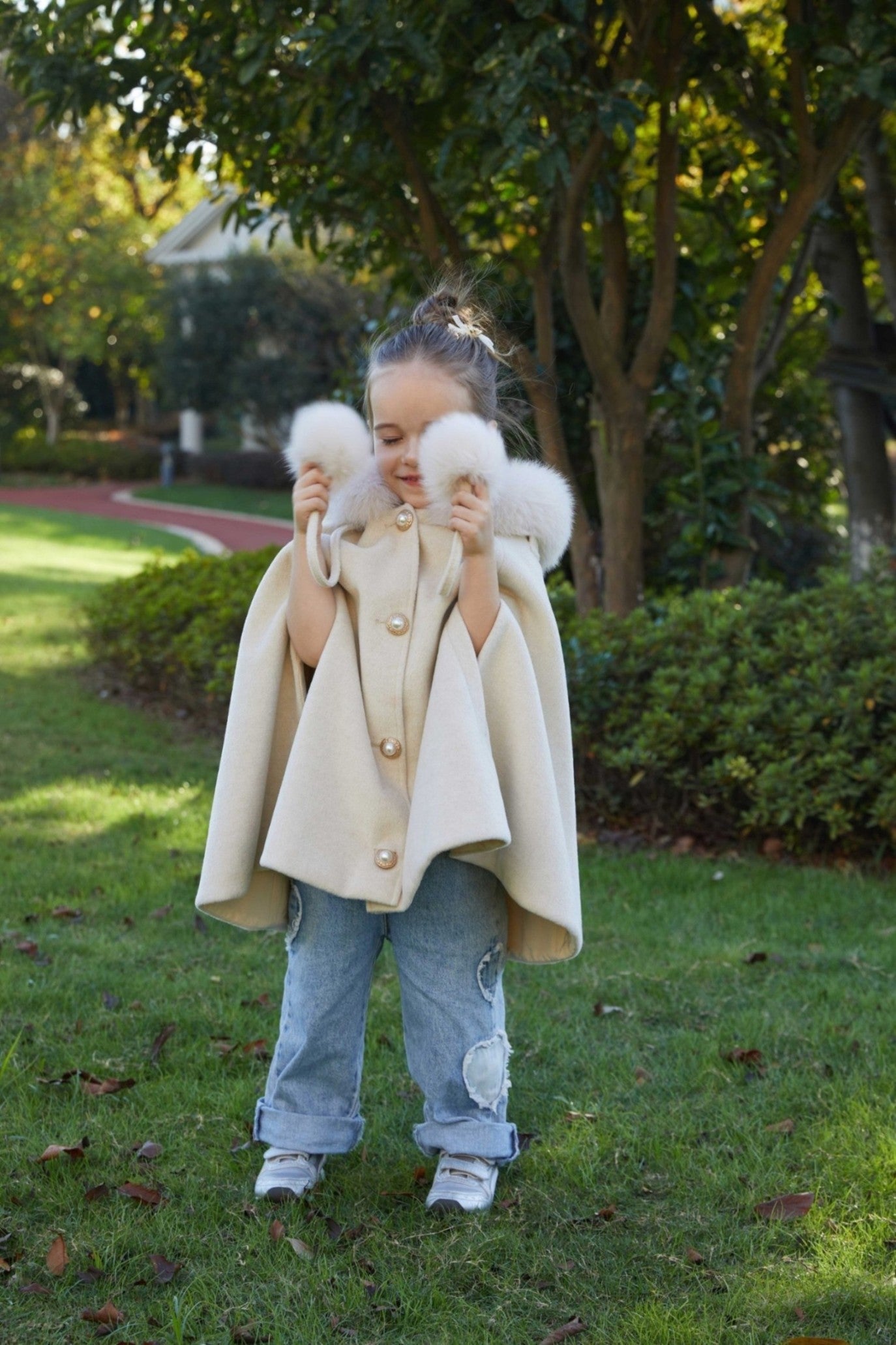New Children's Double Fur Ball Hooded Poncho Shawl - Janefur