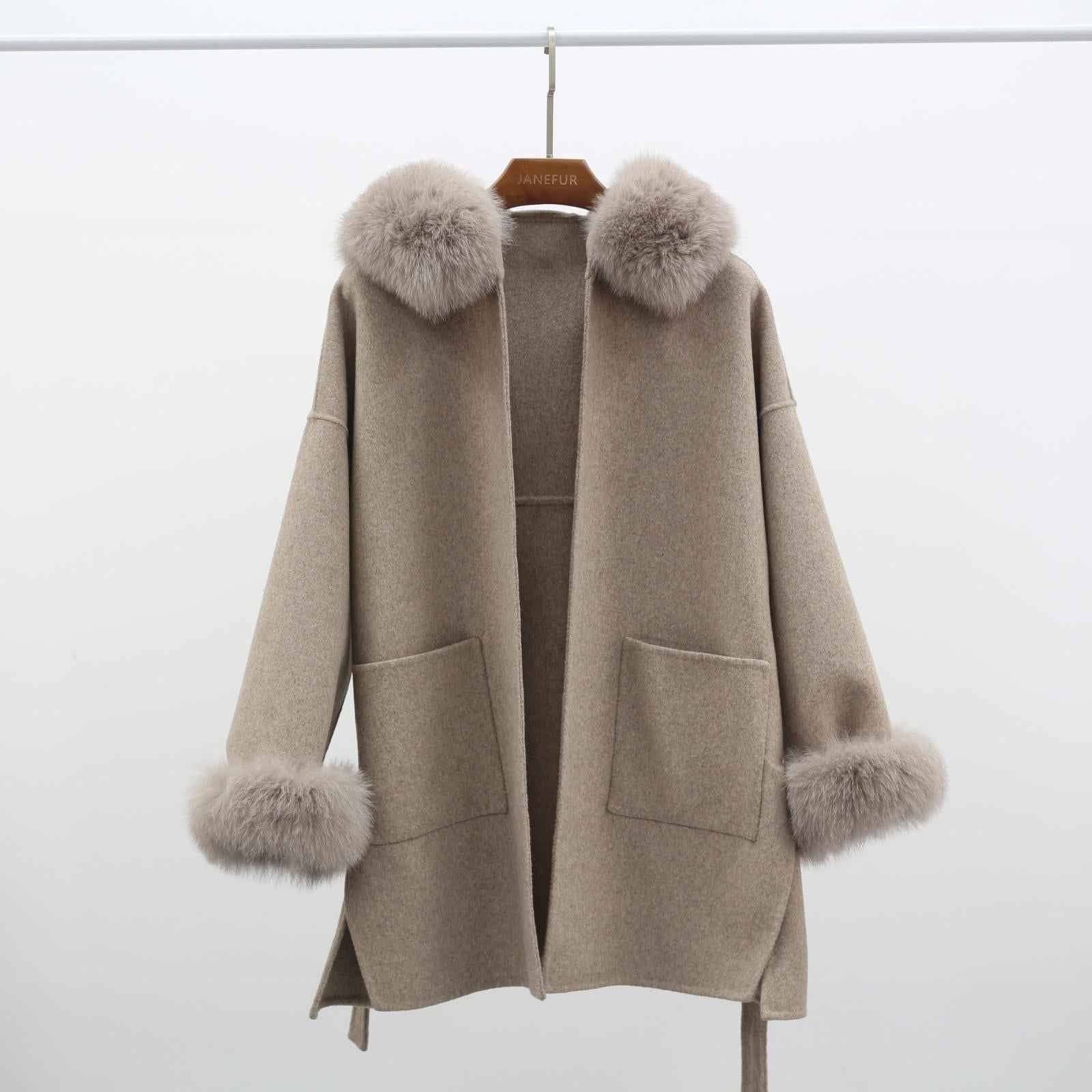 Women's Winter Warm Hooded Reversible Cashmere Short Coat Cuffs with Fur - Janefur