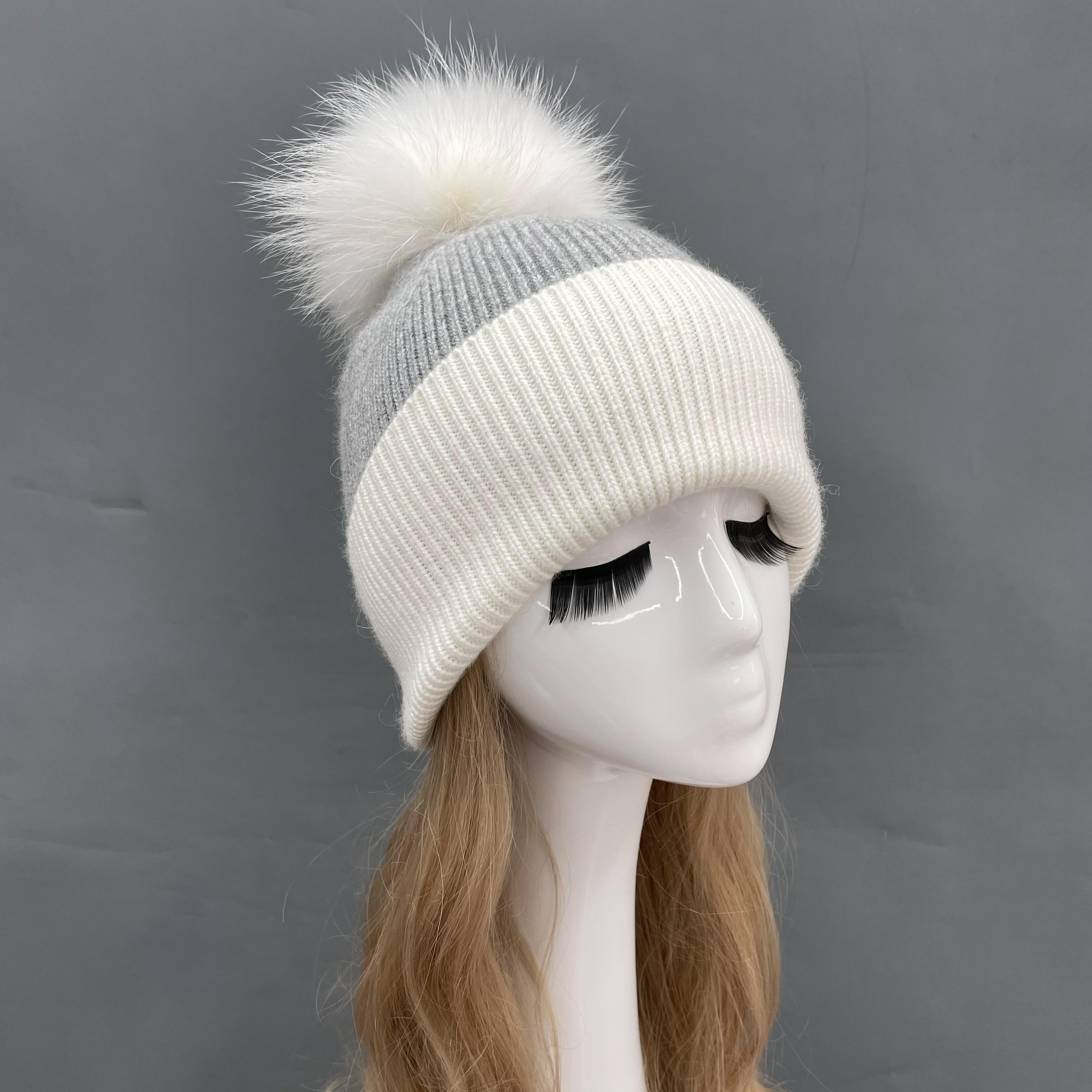 Contrast Color Angora Knitted Fur Pom Pom Warm Beanie Hat For Adults and Children - Janefur