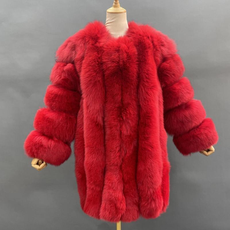 Fashion Women's Long Fox Fur Coat Vertical Stripes Solid Color - Janefur