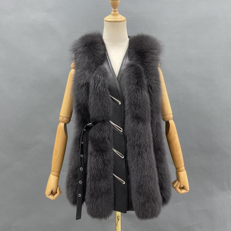 Vertical Stripe Buckle Decorated Draped Fox Fur Vest (Long) - Janefur