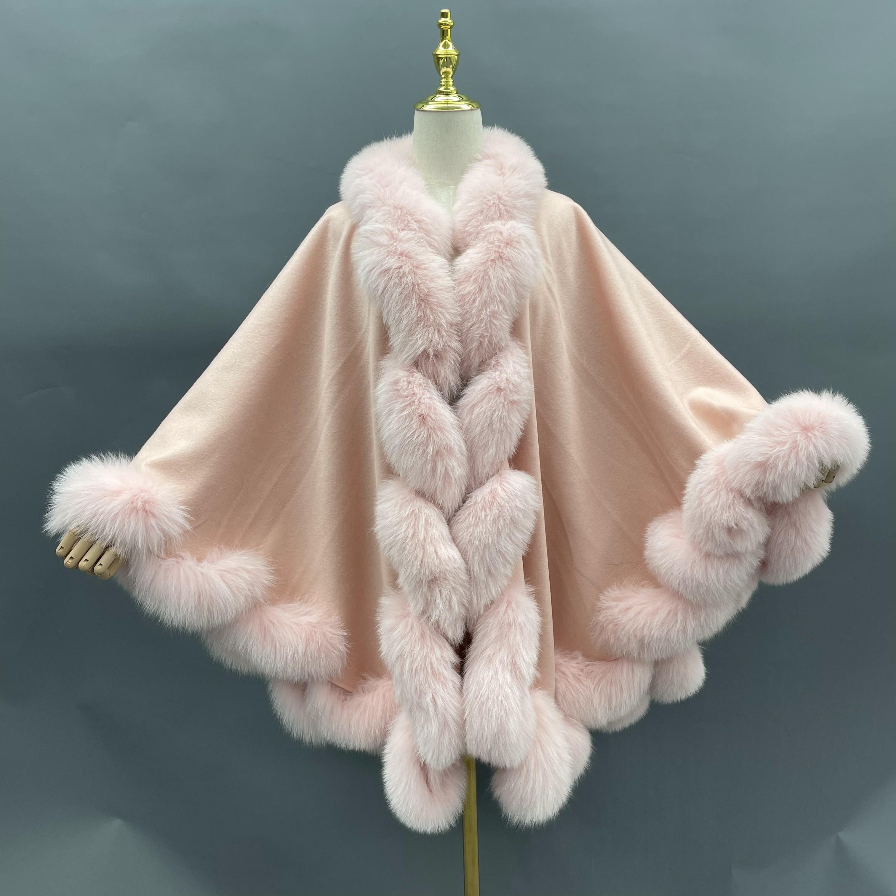Full Wool Cashmere Cape with Real Fox Fur Fashionable Luxurious Soft Shawl for Women's Coat - Janefur