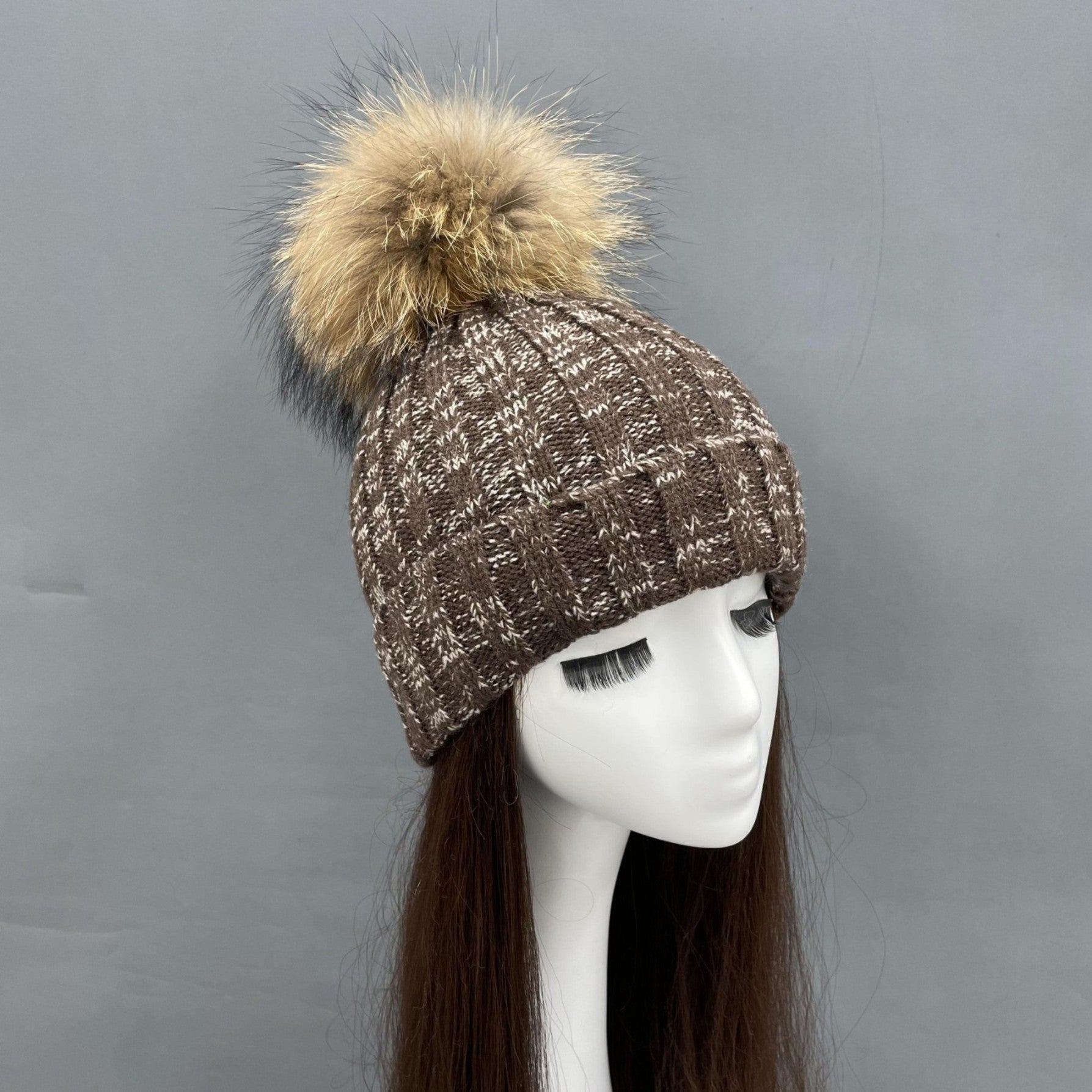 New Fall And Winter Striped With Fur Pom Pom Acrylic Hat - Janefur