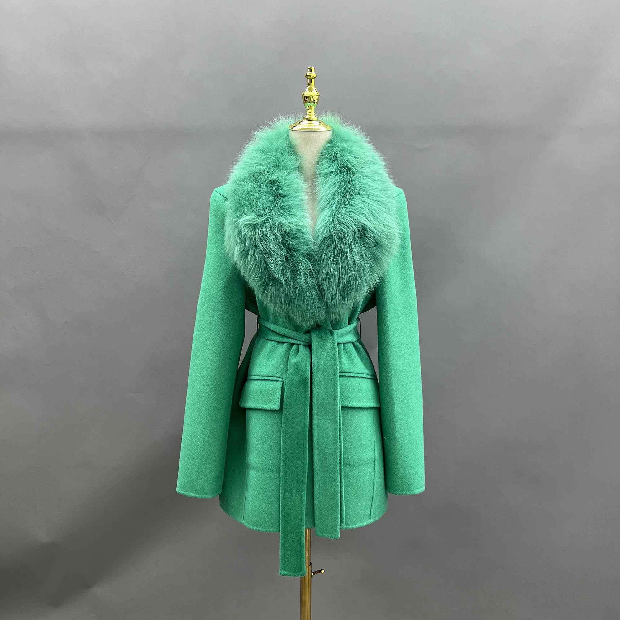 Janefur Womens Fashion Cashmere Coat Waisted Shoulder Design Fox Fur Collar Wool Coat - Janefur