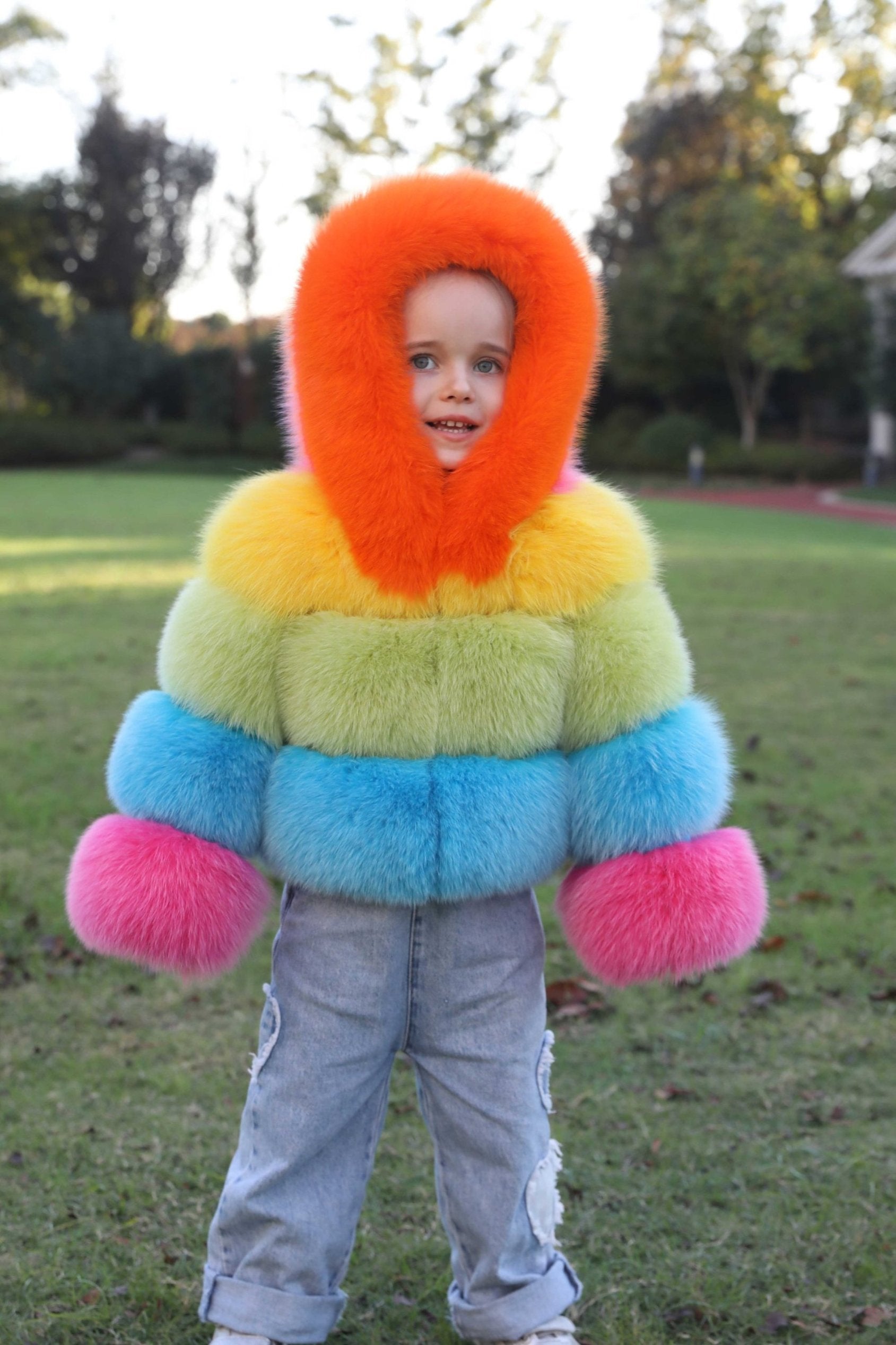 New Children's Winter Three Sections Splicing Fox Fur Hooded Coat Colorful Coat - Janefur