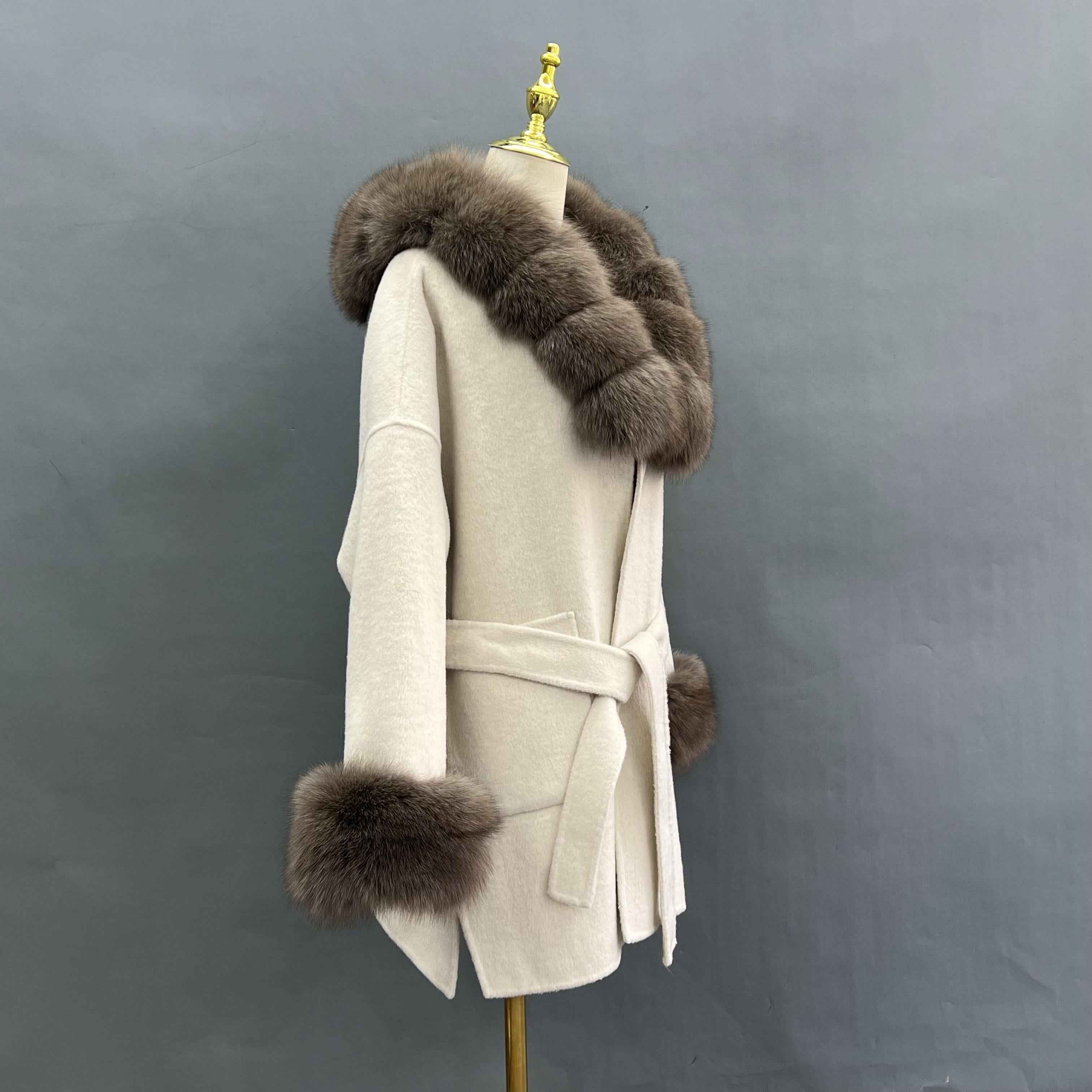 Women's Segmented Fur Collar Hooded Double Sided Cashmere Cuffs with Fur Collar Coat - Janefur