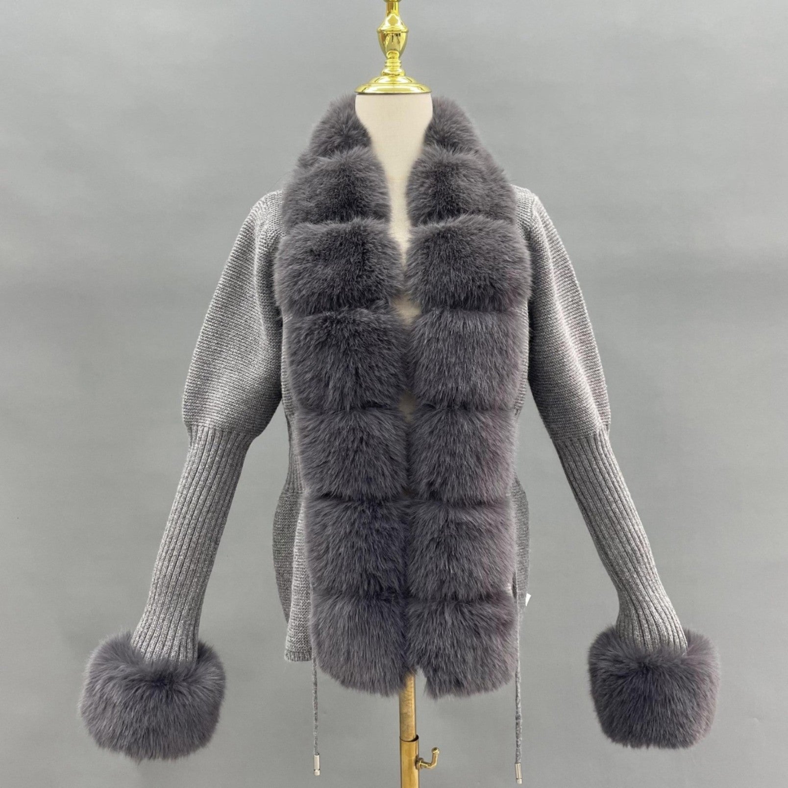 Women's Knitted Sweater Coat Cuff Placket with Eco-Fur Faux Fur - Janefur