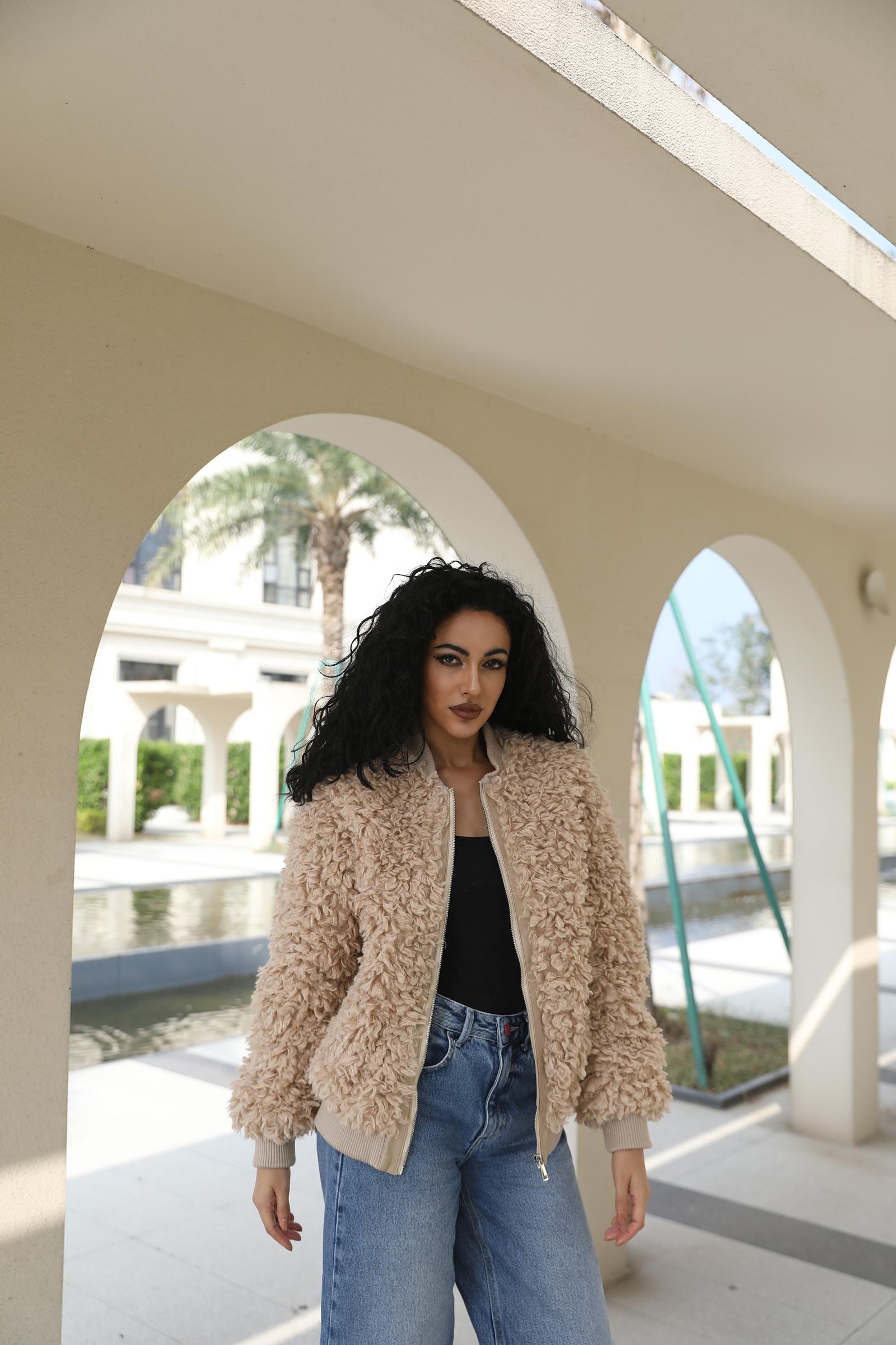 Eco Friendly Wool Baseball Jacket Women's Faux Fur Casual Daily Short Jacket - Janefur