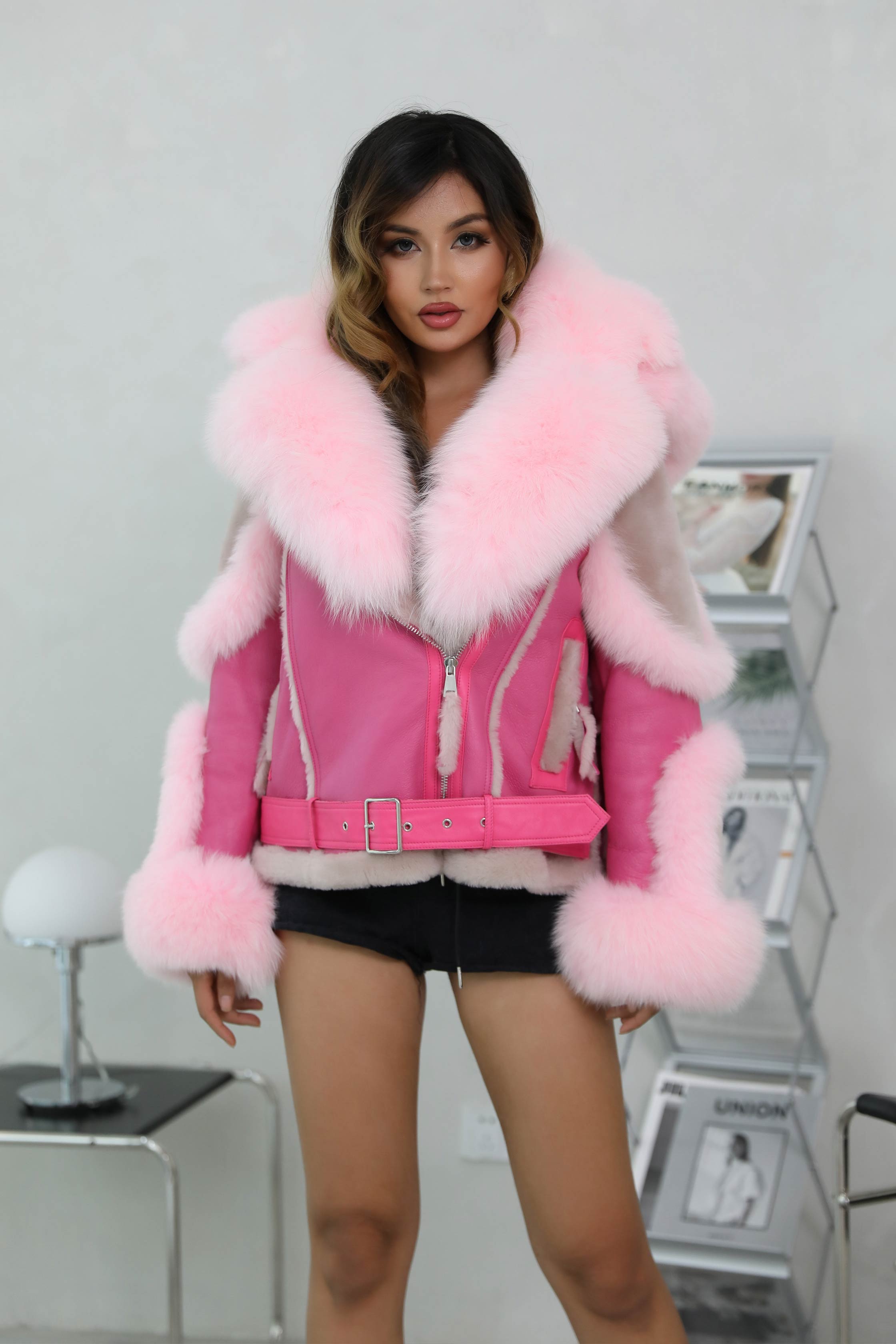 Custom Design Fox Fur Trim Coat Big Fox fur Collar Hooded Women Sheepskin Shearling Jacket - Janefur