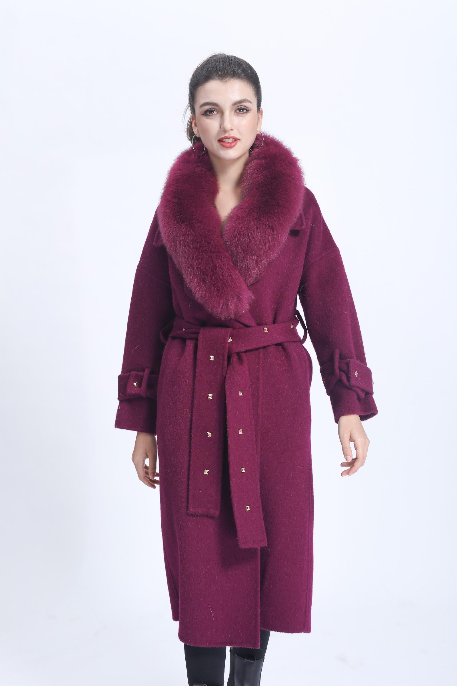 Women's Double-faced Wool Coat with Large Fur Lapel and Rivet Buttons Cashmere Jacket - Janefur