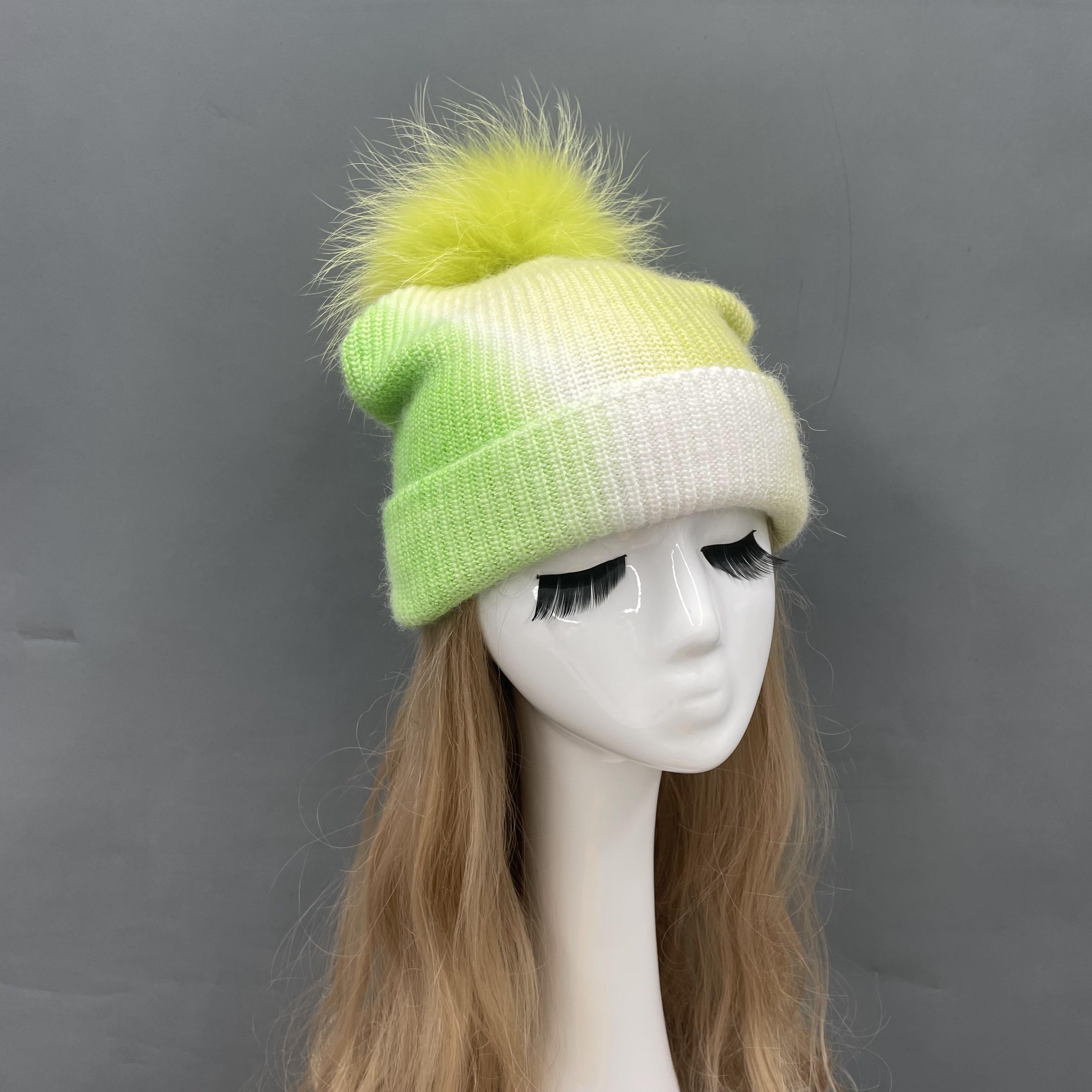 Ladies Gradient Angora Knitted Hat Fur Pom Pom - Janefur