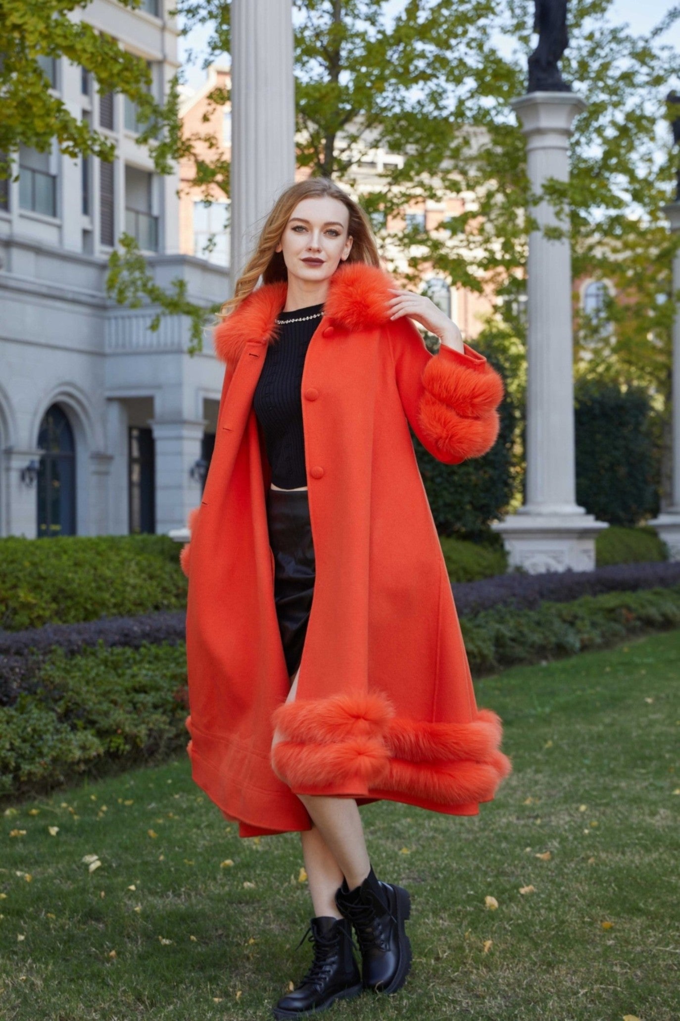 Women's Double Sided Cashmere Coat with Two Sections of Fur Collar at Hem and Cuffs - Janefur