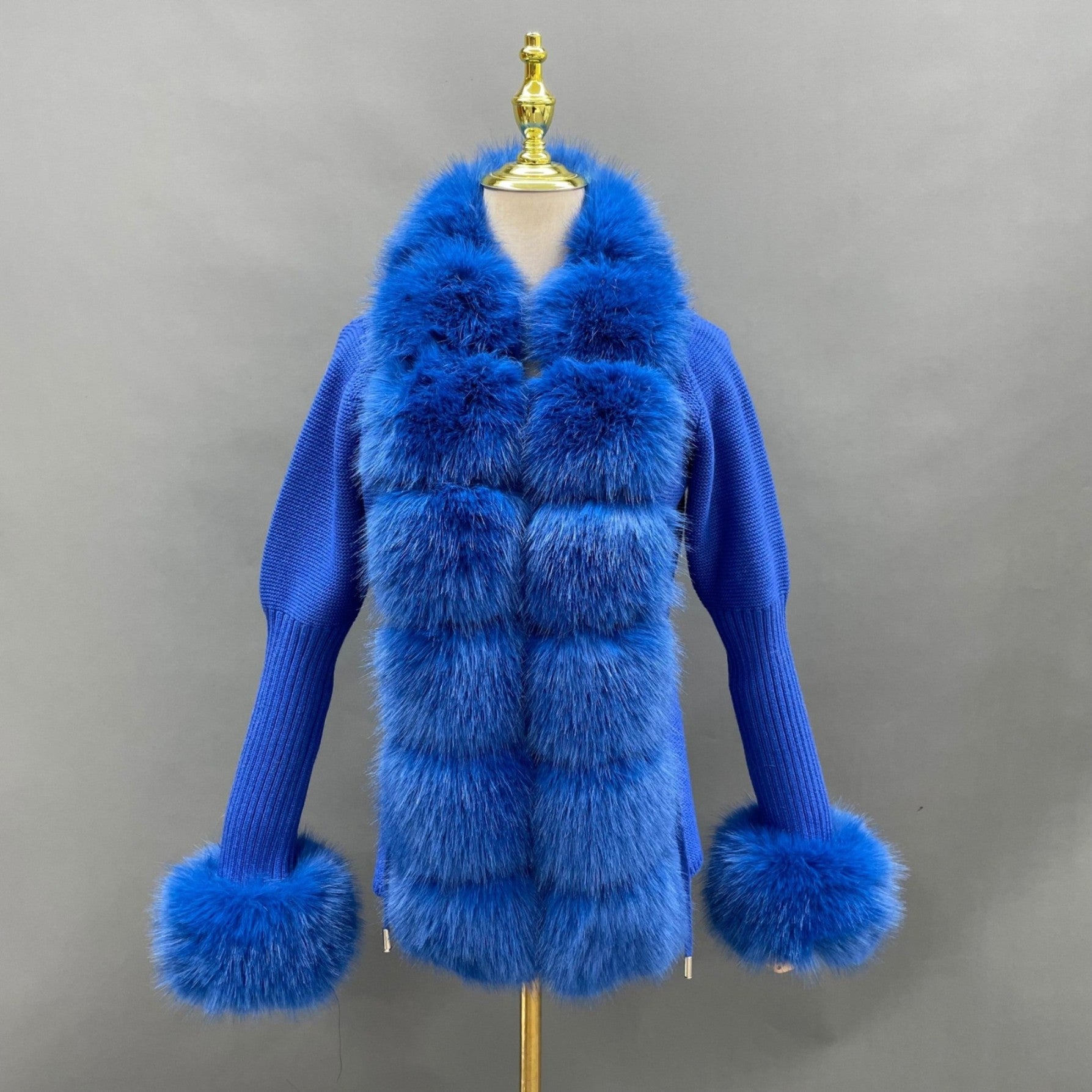 Women's Knitted Sweater Coat Cuff Placket with Eco-Fur Faux Fur - Janefur