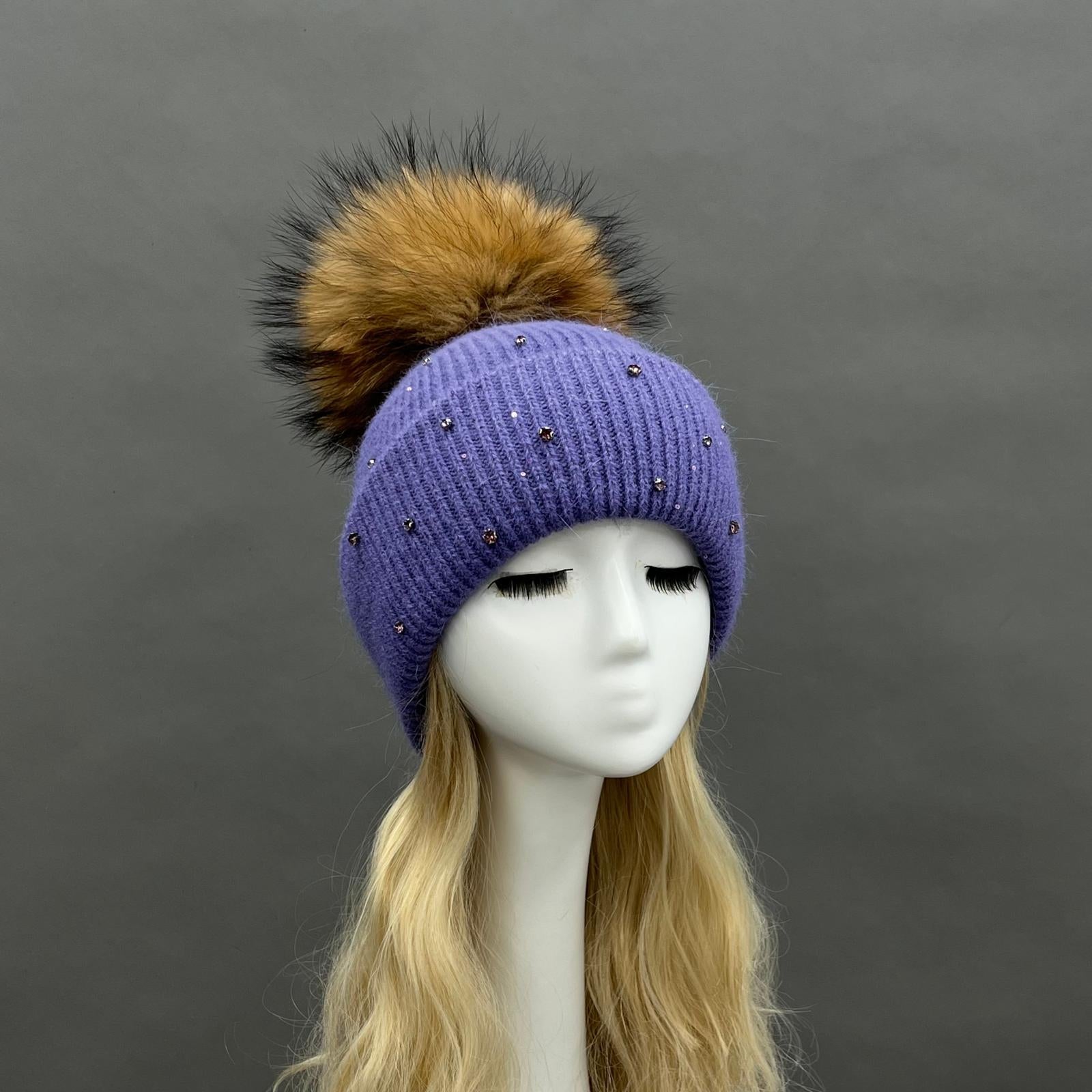 Women's Warm and Casual Rabbit Fur Hat with Sparkling Fur Pompoms - Janefur