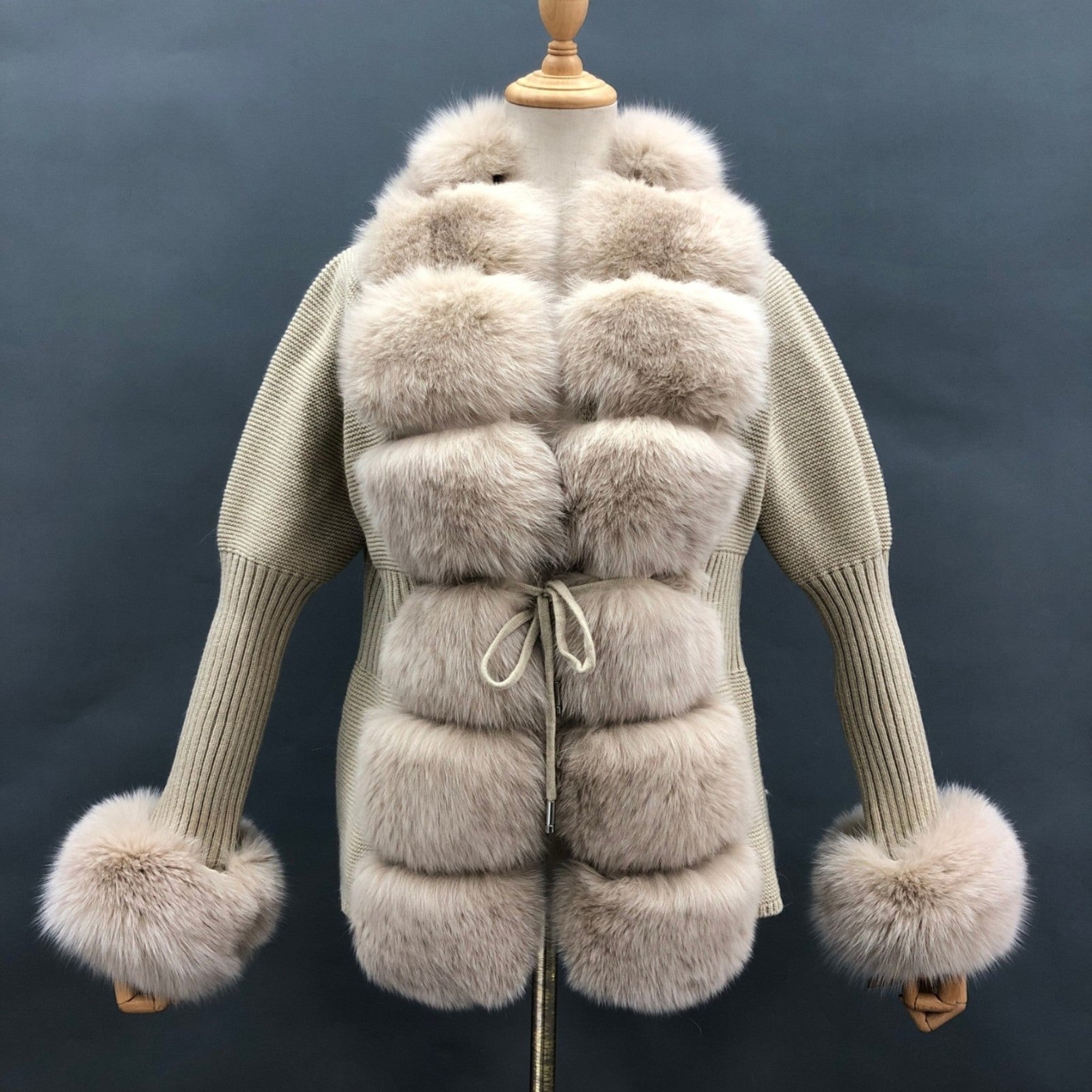 Women's Fashion Cuff Lapel with Fox Fur Knit Cardigan - Janefur