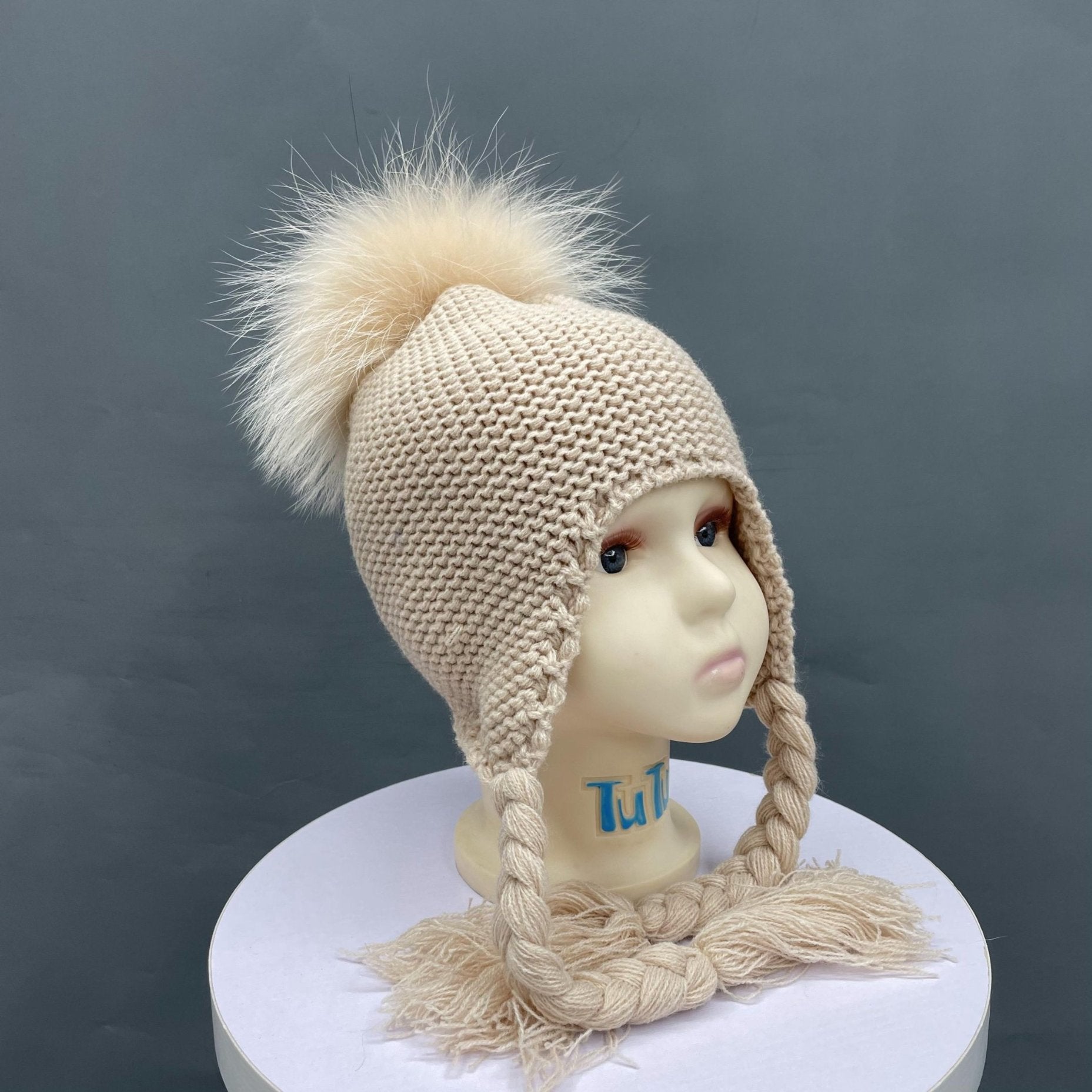 Children's Fashion Knitted Big Braid Raccoon Fur Pom Pom Hat - Janefur