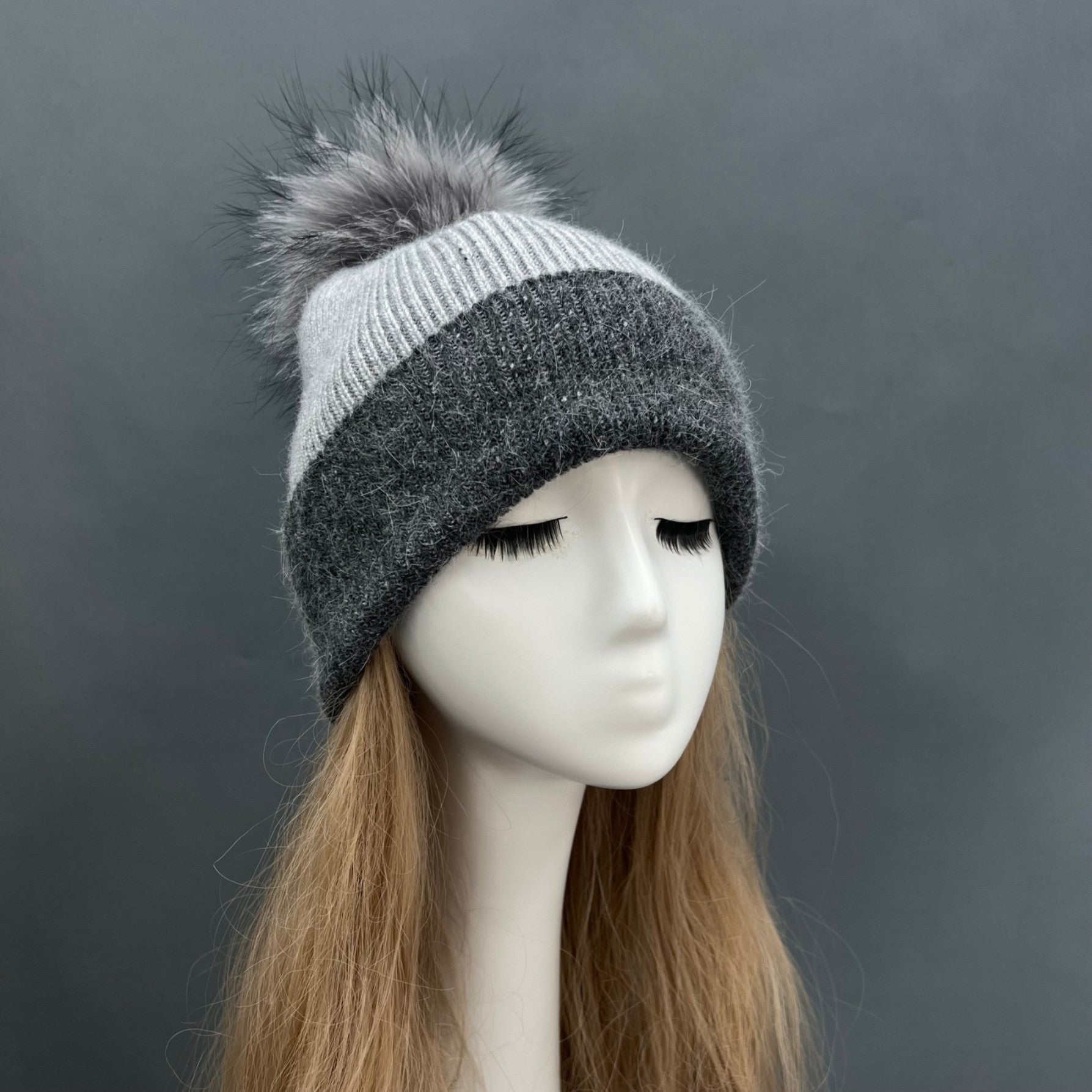 Contrast Color Angora Knitted Fur Pom Pom Warm Beanie Hat For Adults and Children - Janefur