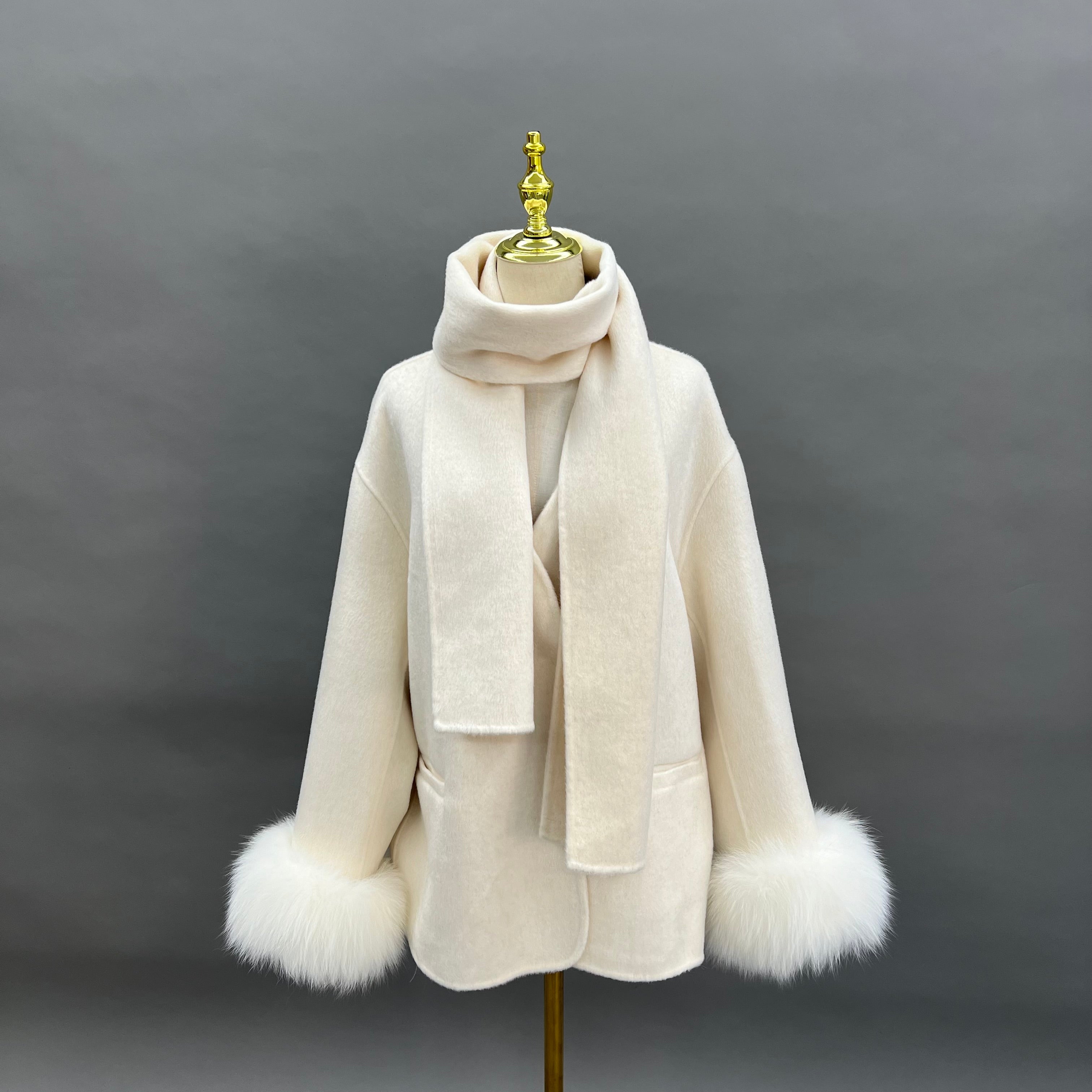 New Women’s Double-Faced Wool Coat with Scarf and Real Fox Fur Cuffs – Short Winter Jacket - Janefur