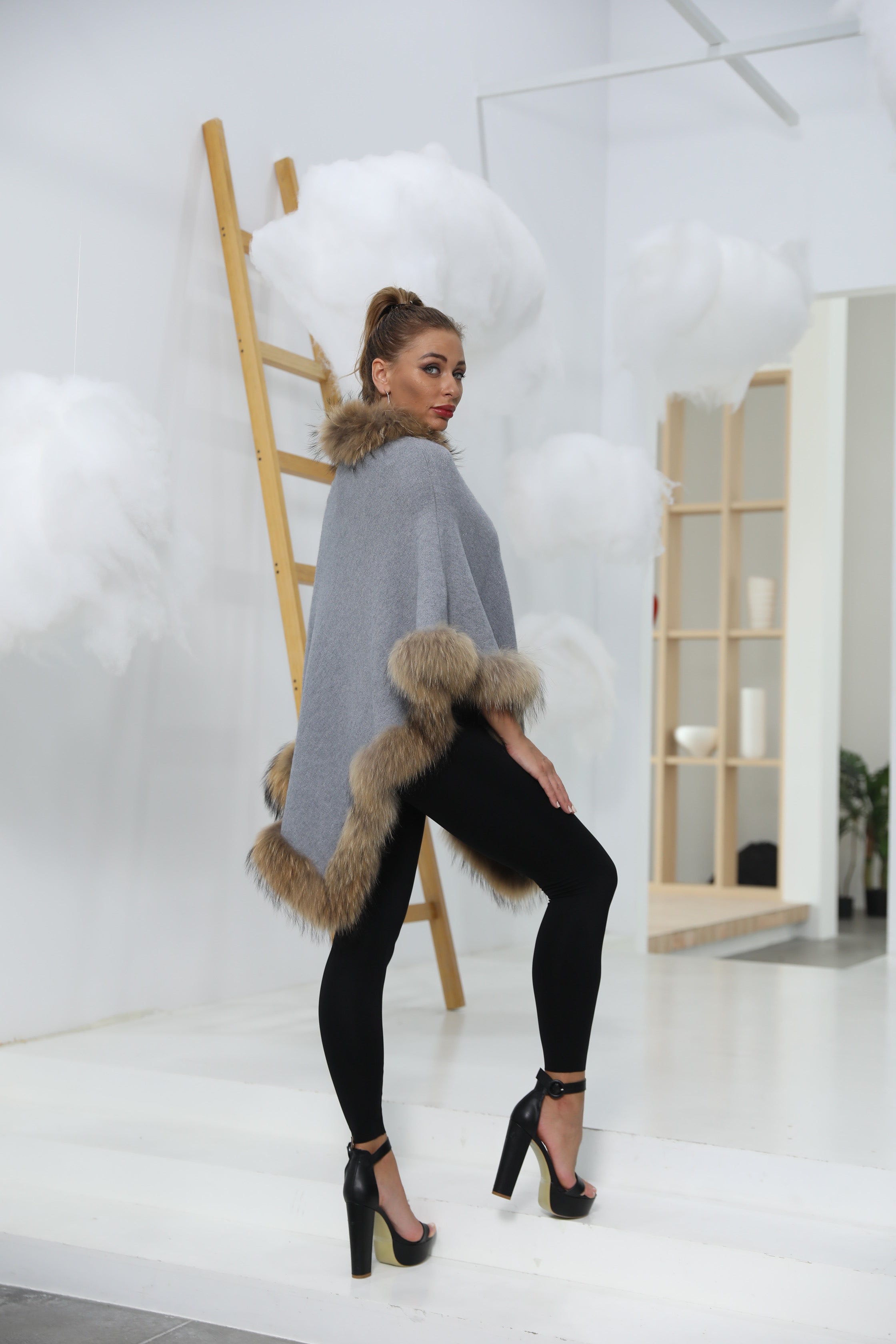 Collar and Hem Raccoon Fur Stripe Knitted Cape - Janefur