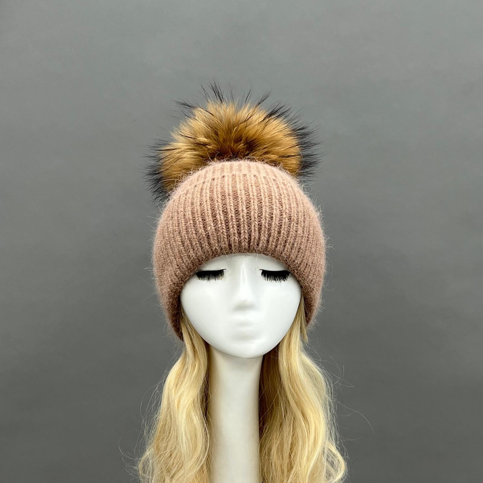Women's Fashion Thin Striped Rabbit Fur Pom Pom Hat - Janefur