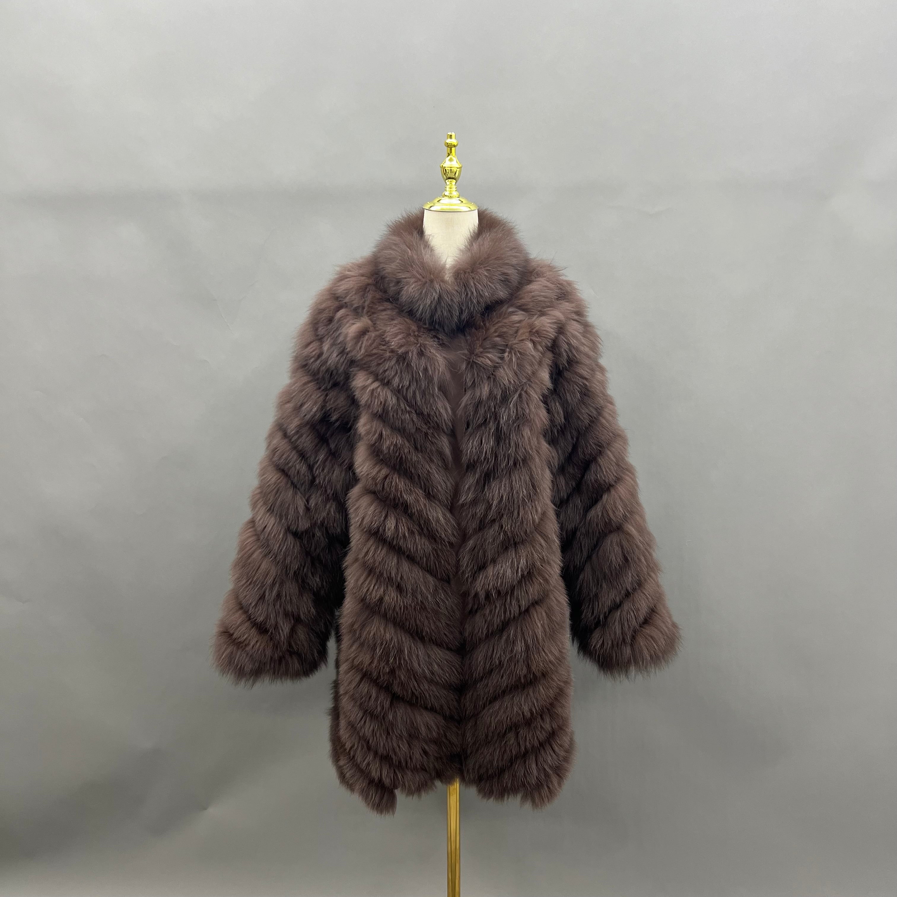 Reversible Long Jacket With Fox Fur And Diagonal Stripes 12#Brown Click chat with us