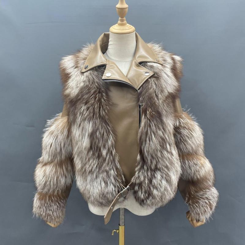 Warm Winter Leather Fluffy Real Fox Fur Jacket Women's Short Coat - Janefur