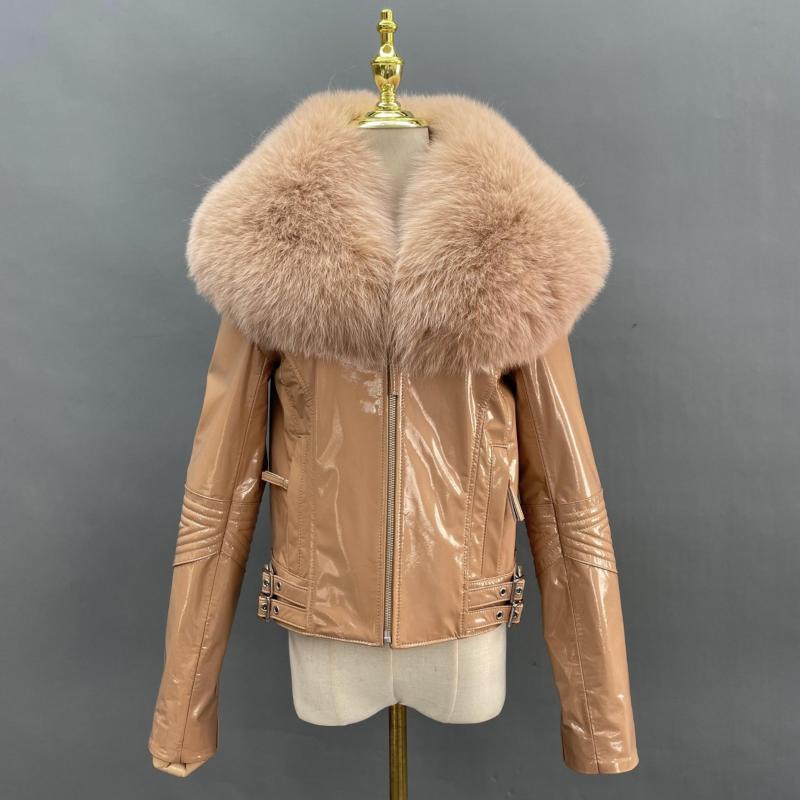 Women's Short Fox Fur Collar Bright Leather Coat - Janefur