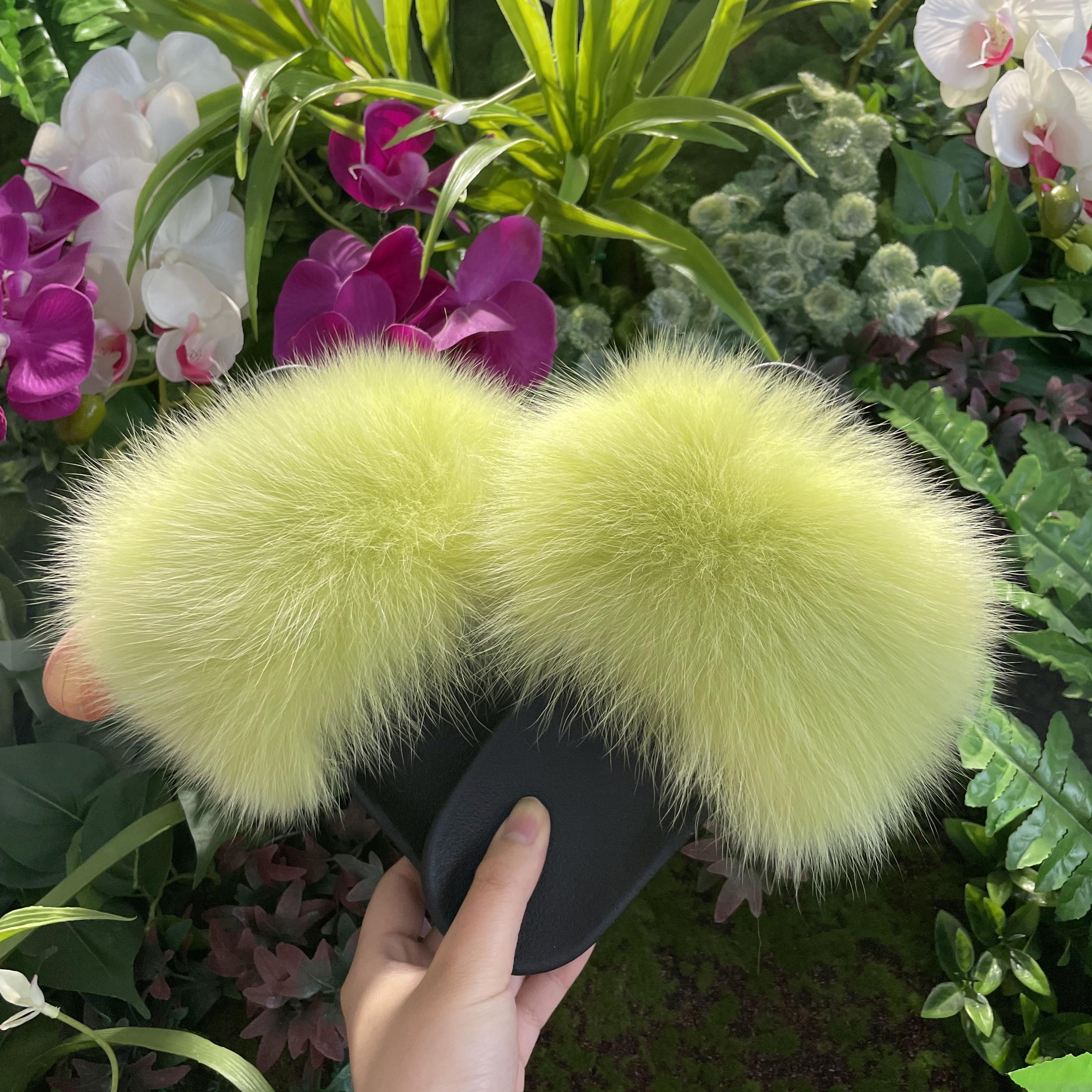 Janefur Ladies' Comfortable Slippers With Solid Color Real Fox Fur Trim (Black Sole)