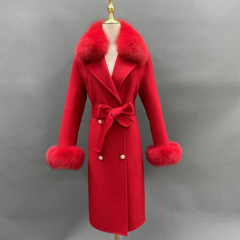 Women's Long Cashmere Coat With Fox Fur Collar And Belt - Janefur