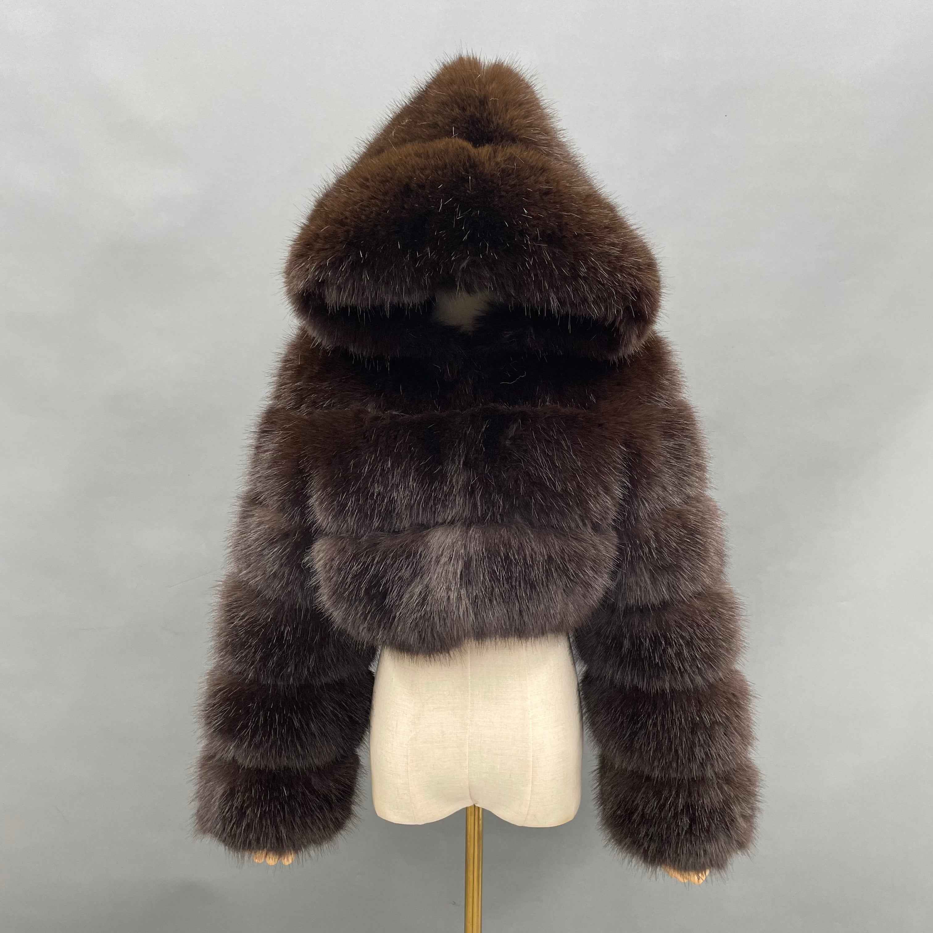Three - Panel Faux Fur Cropped Hooded Coat