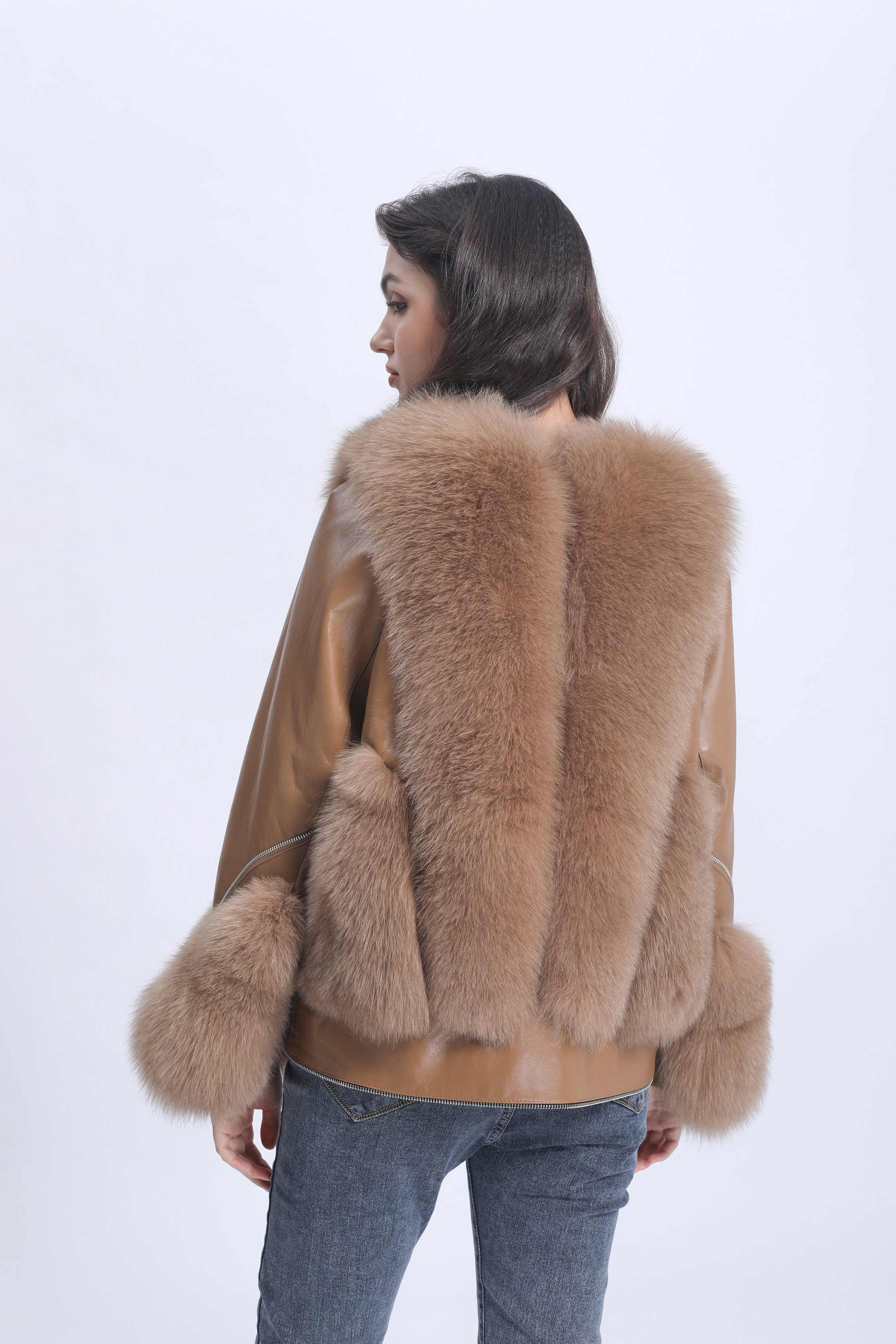Fashion Design Zipper Women's Real Fox Fur Spliced Sheepskin Luxury Coat - Janefur