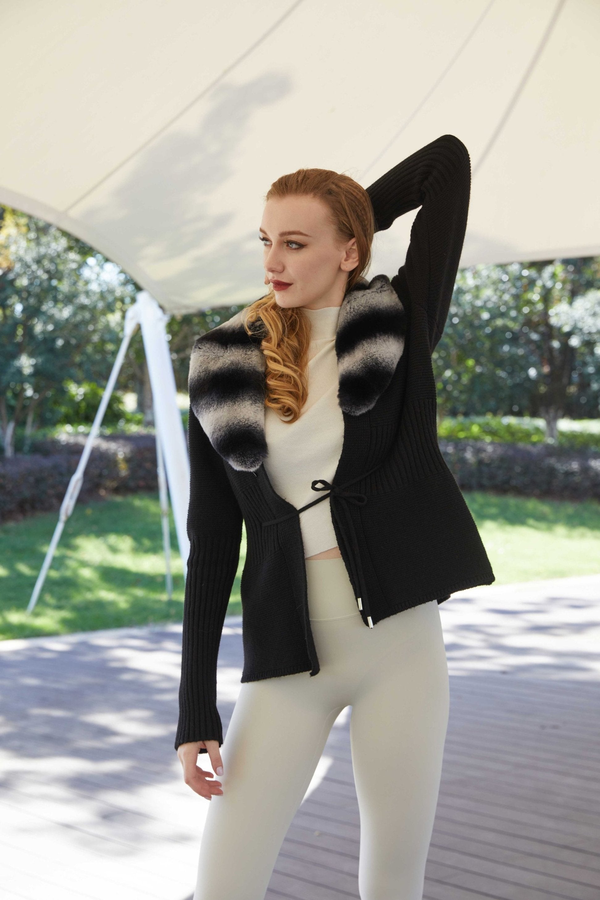 Knitted Rabbit Fur Collar Women's Sweater Coat - Janefur