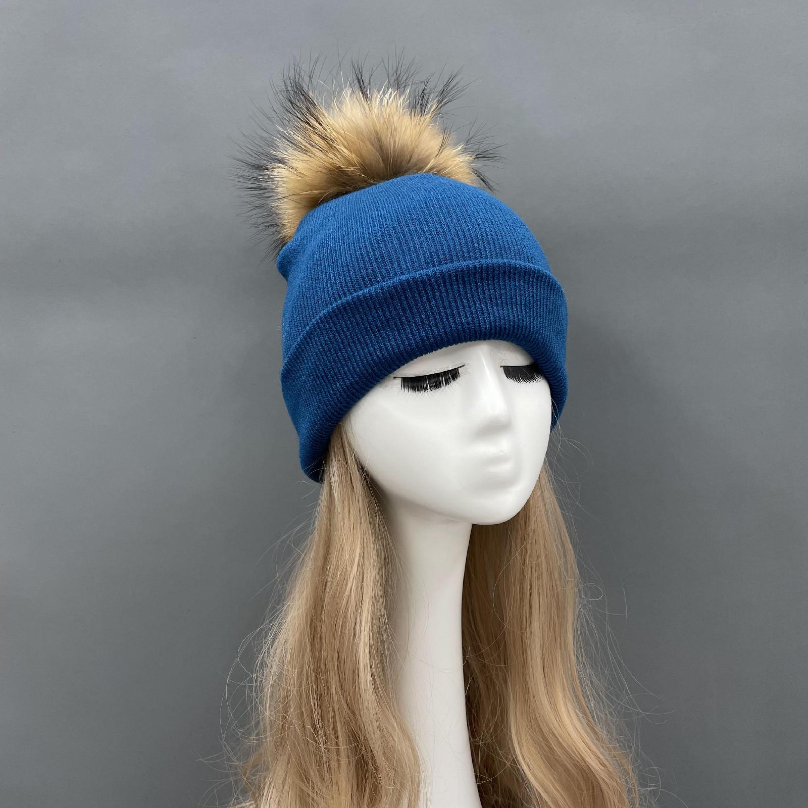 Solid Color Acrylic Knitted Hat with Single Fur Pom Pom Women's Knit Cap - Janefur